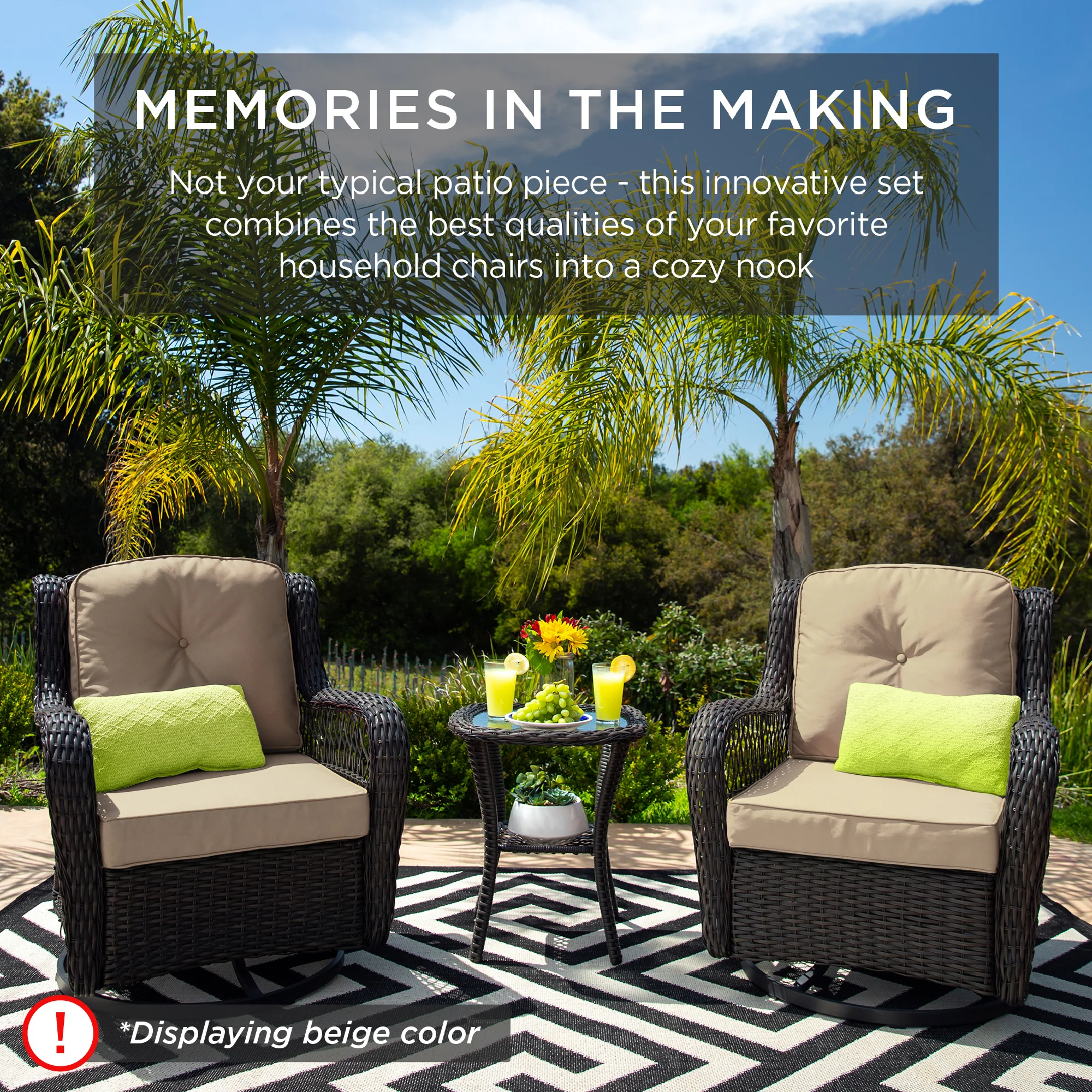 3-Piece Patio Wicker Bistro Furniture Set w/ 2 Swivel Rocking Chairs, Table - Image 6