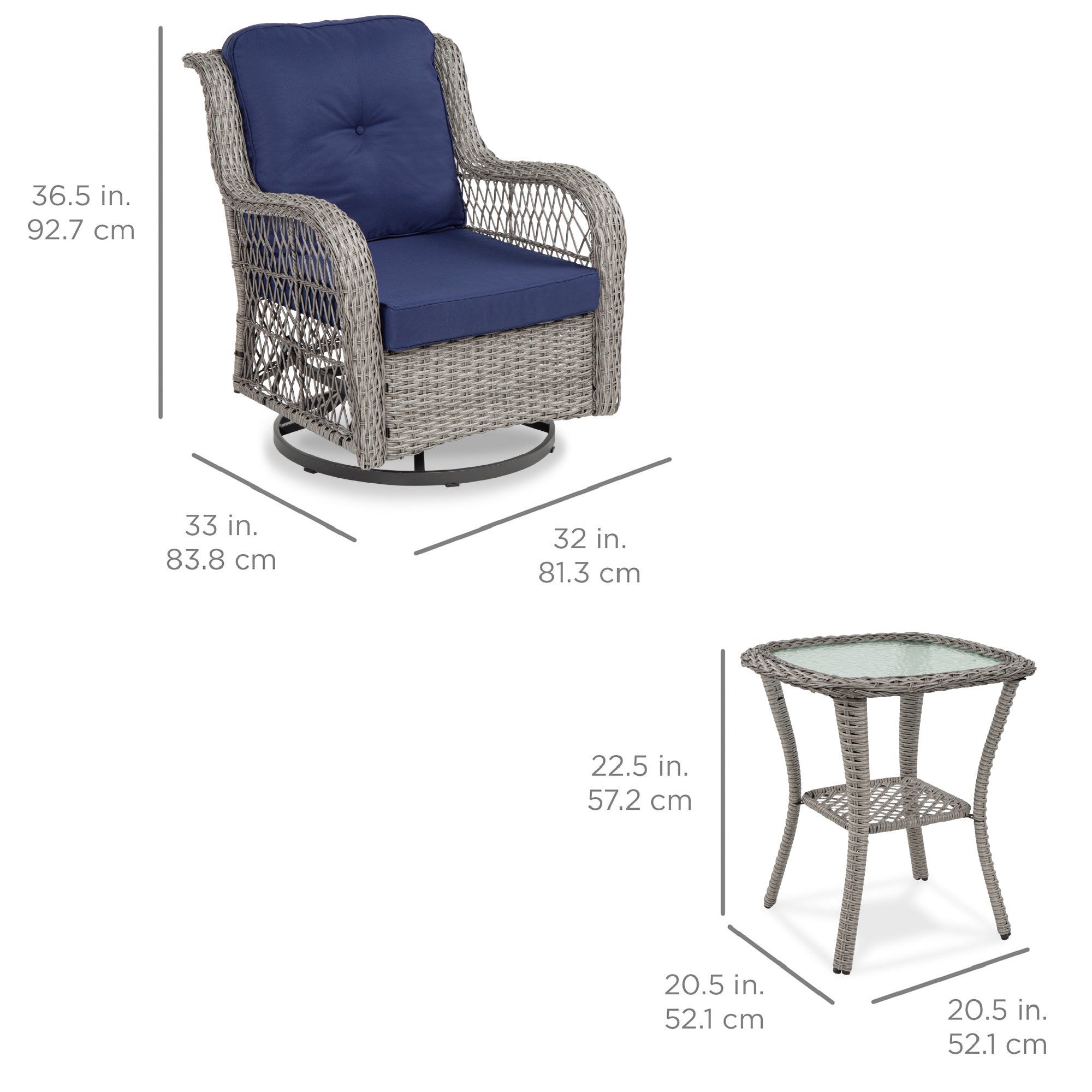 3-Piece Patio Wicker Bistro Furniture Set w/ 2 Swivel Rocking Chairs, Table - Image 7