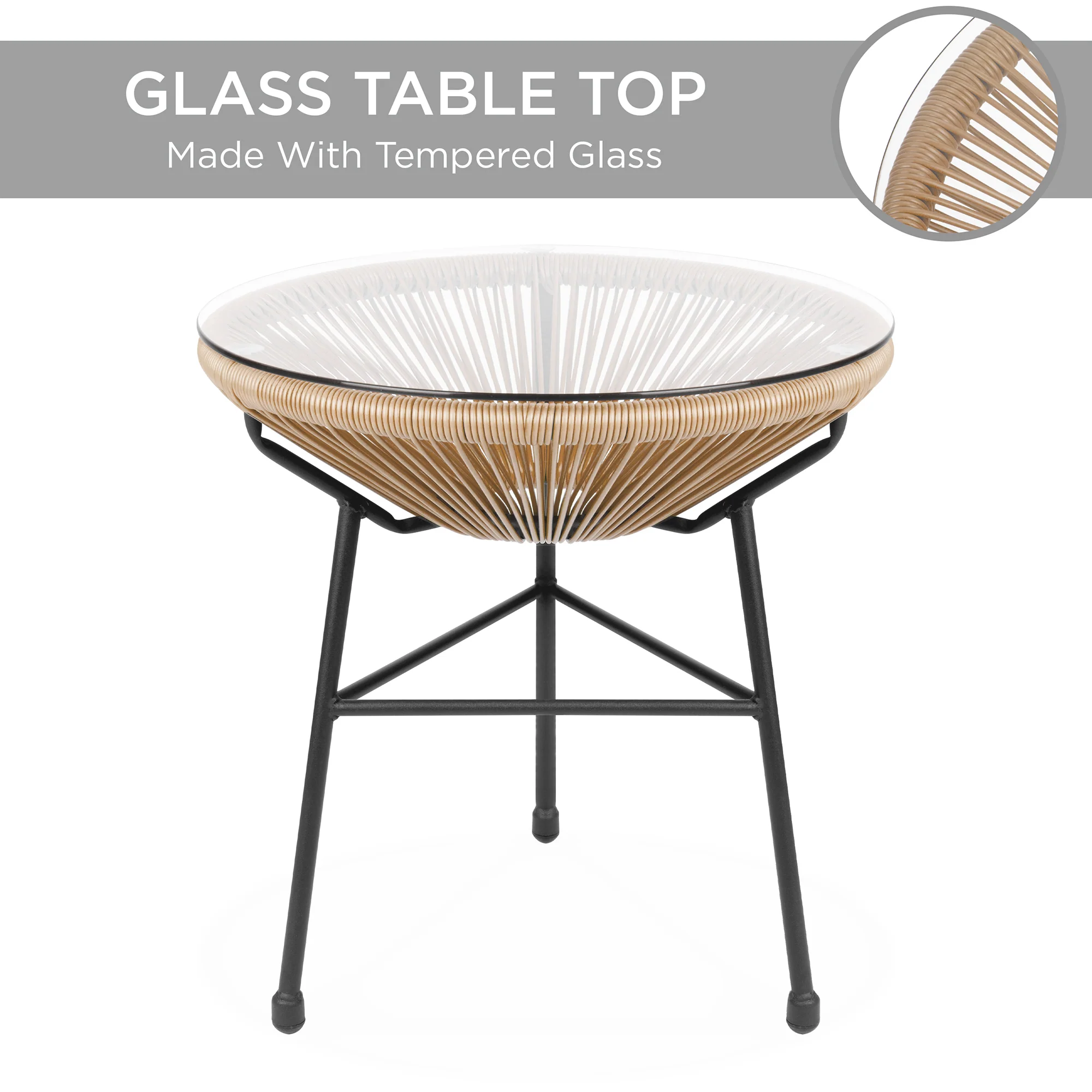 3-Piece All-Weather Patio Acapulco Bistro Set w/ Rope, Glass Top Table - Image 12