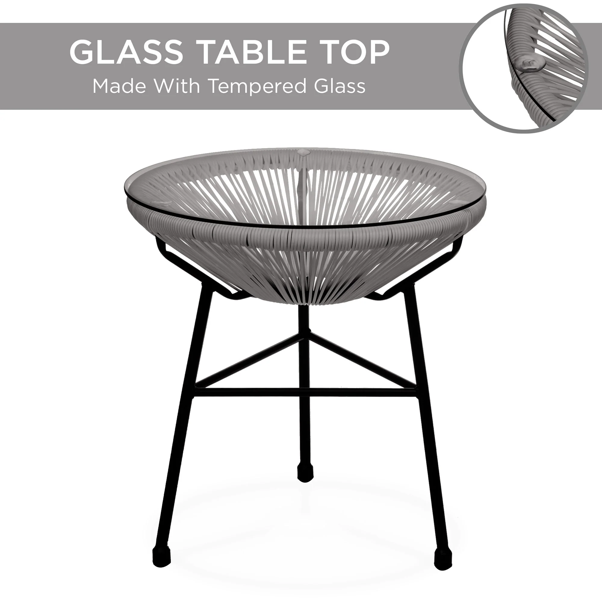 3-Piece All-Weather Patio Acapulco Bistro Set w/ Rope, Glass Top Table - Image 5