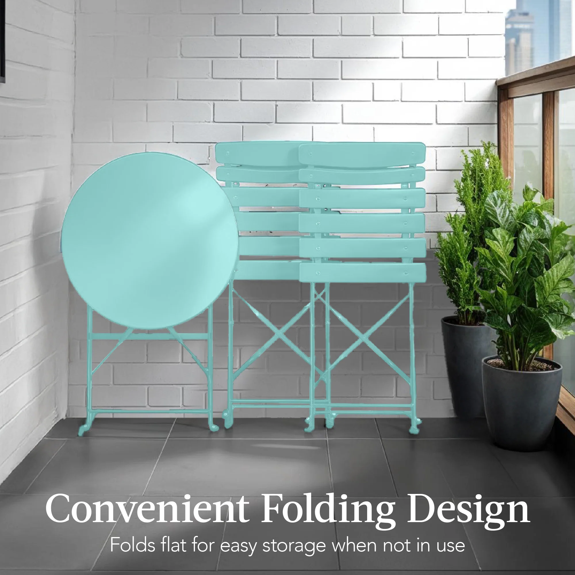 3-Piece Small Folding Patio Bistro Set w/ 2 Chairs - Image 85
