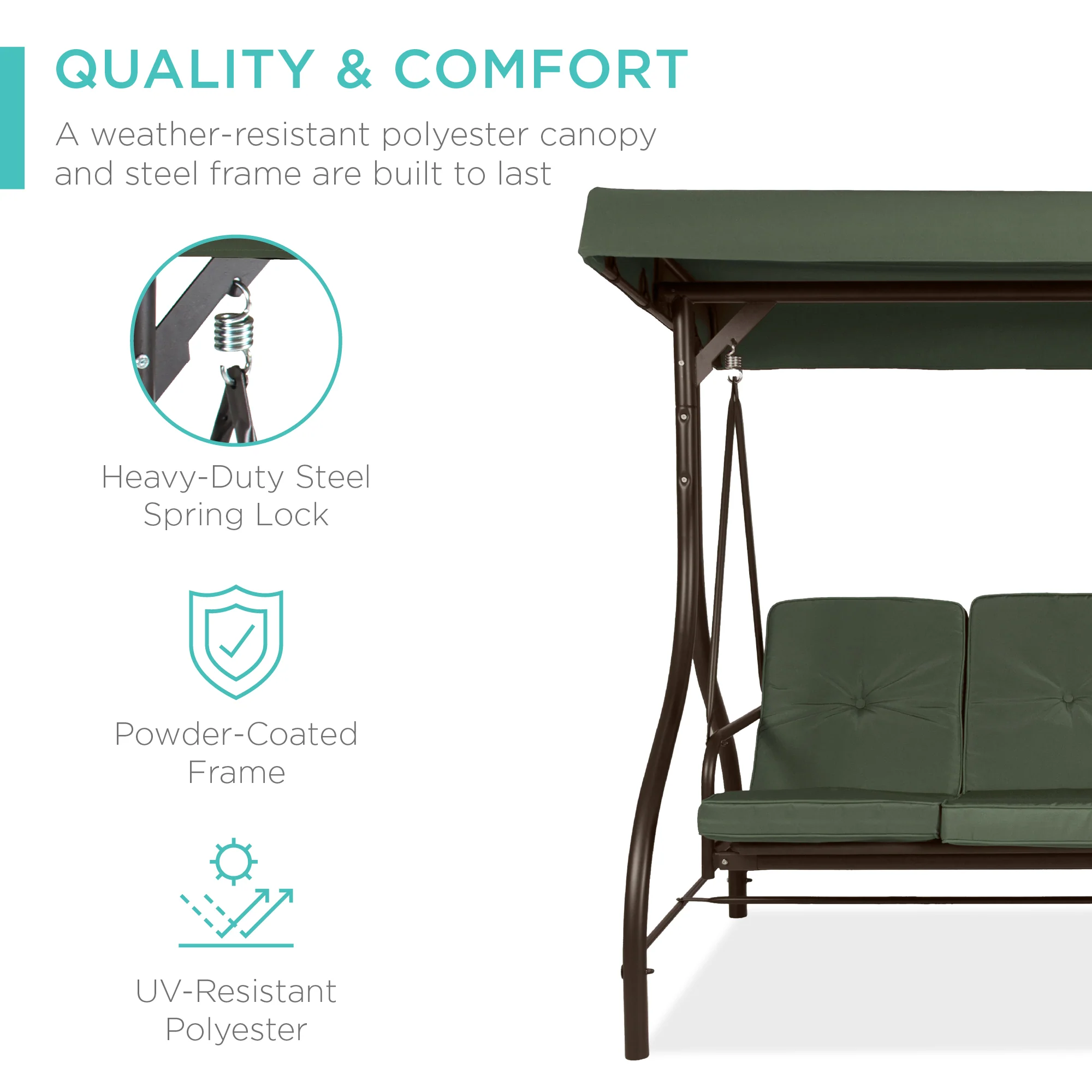 3-Seat Outdoor Canopy Swing Glider Furniture w/ Converting Flatbed Backrest - Image 100