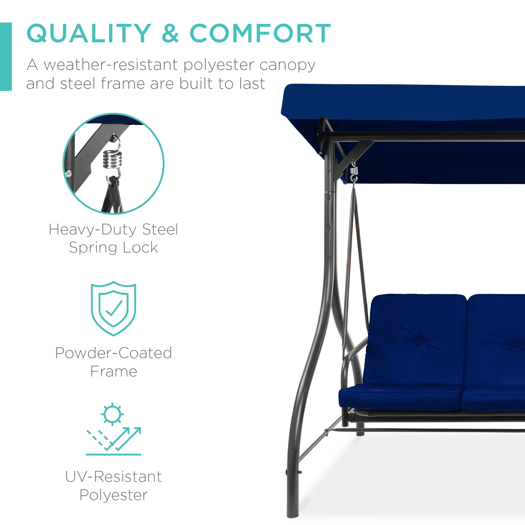 3-Seat Outdoor Canopy Swing Glider Furniture w/ Converting Flatbed Backrest - Image 17
