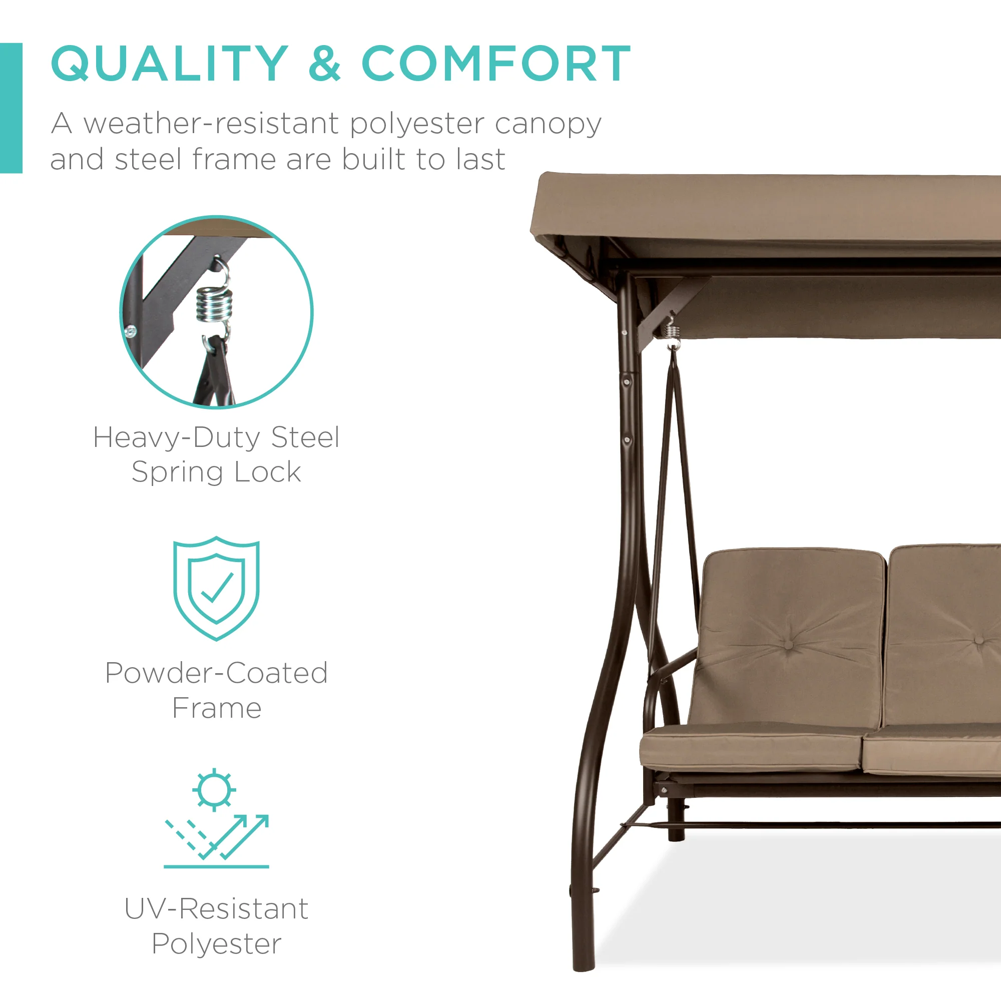 3-Seat Outdoor Canopy Swing Glider Furniture w/ Converting Flatbed Backrest - Image 24