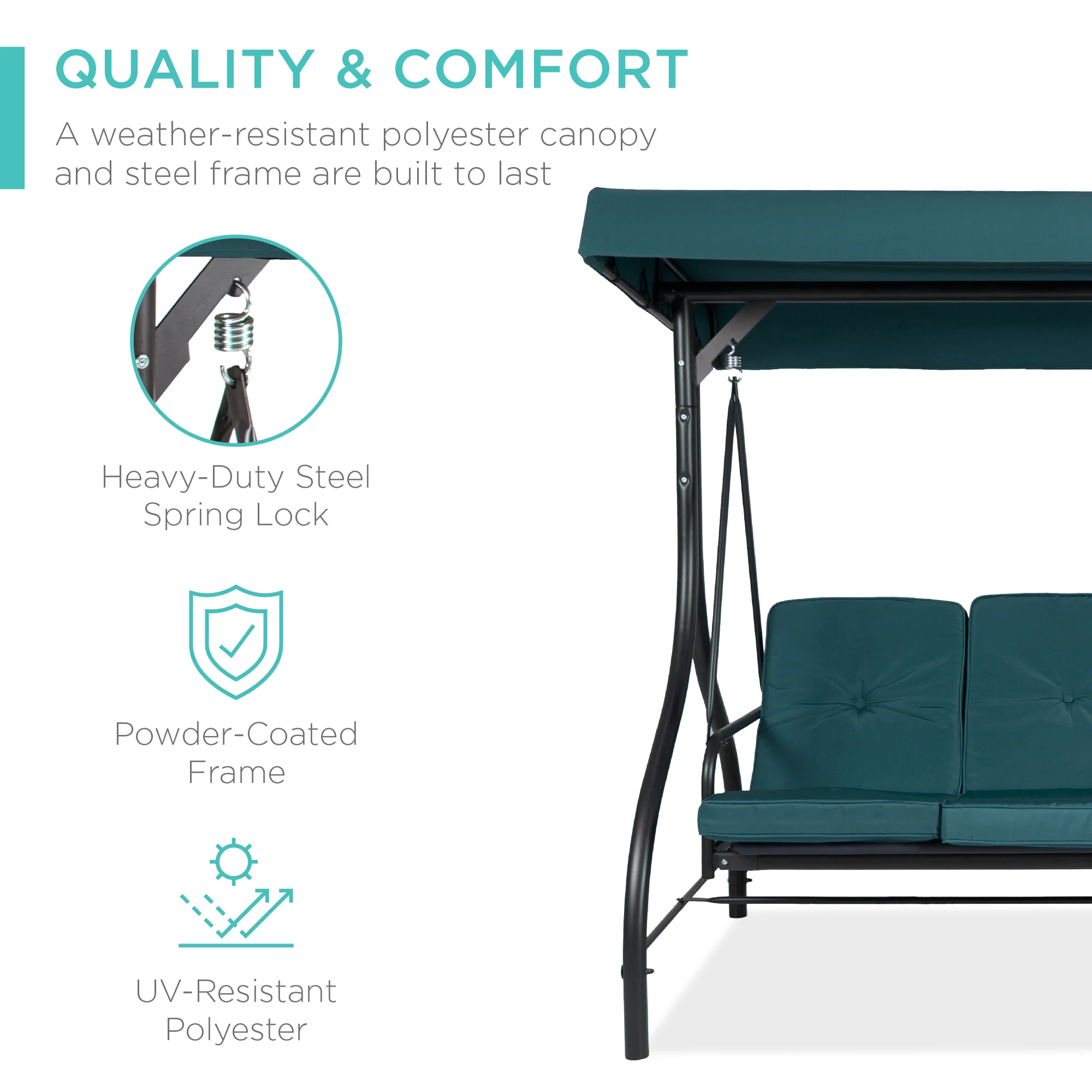 3-Seat Outdoor Canopy Swing Glider Furniture w/ Converting Flatbed Backrest - Image 3