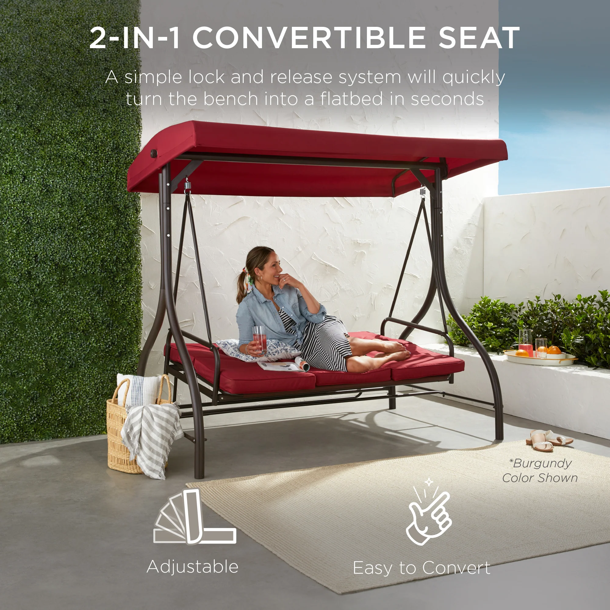 3-Seat Outdoor Canopy Swing Glider Furniture w/ Converting Flatbed Backrest - Image 36