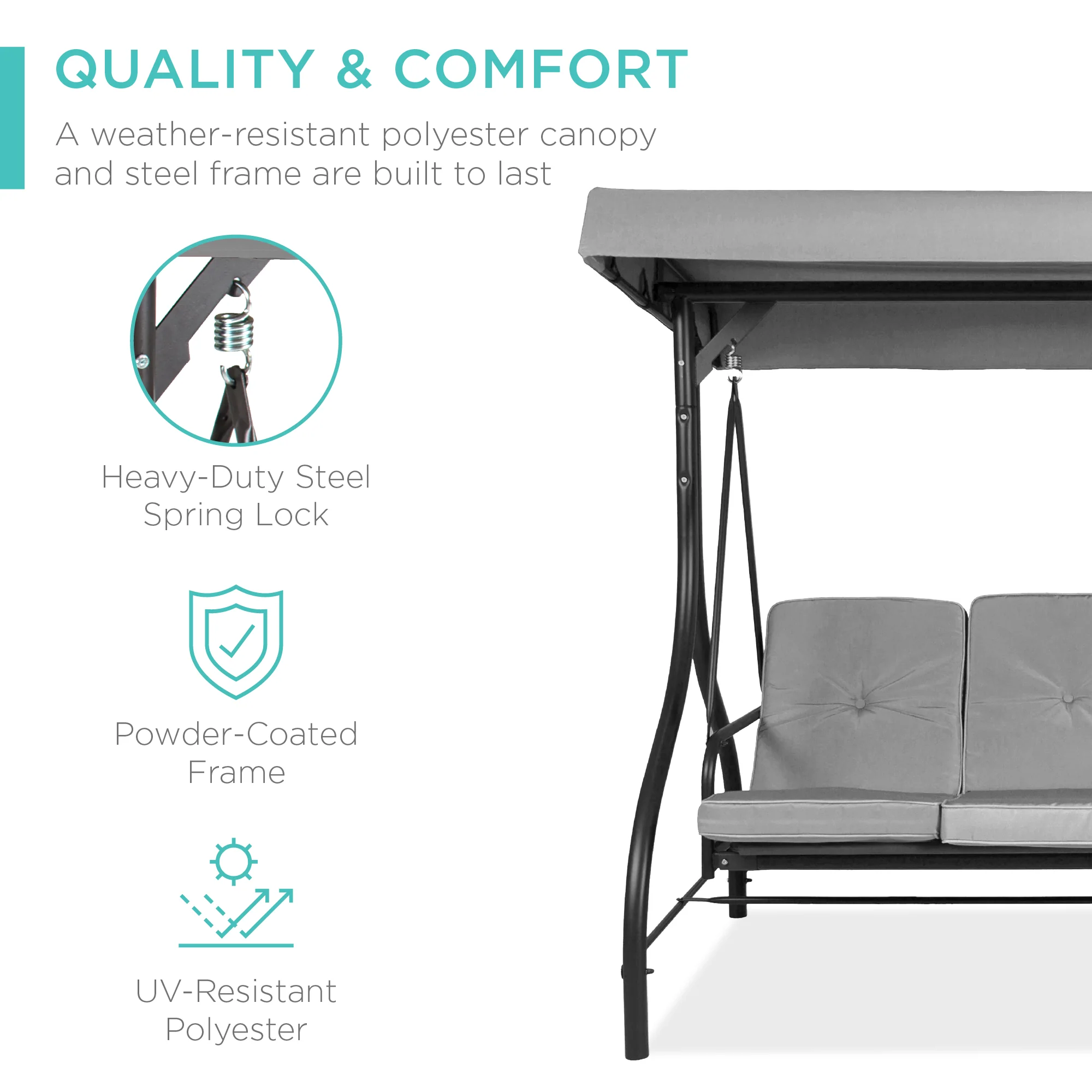 3-Seat Outdoor Canopy Swing Glider Furniture w/ Converting Flatbed Backrest - Image 37