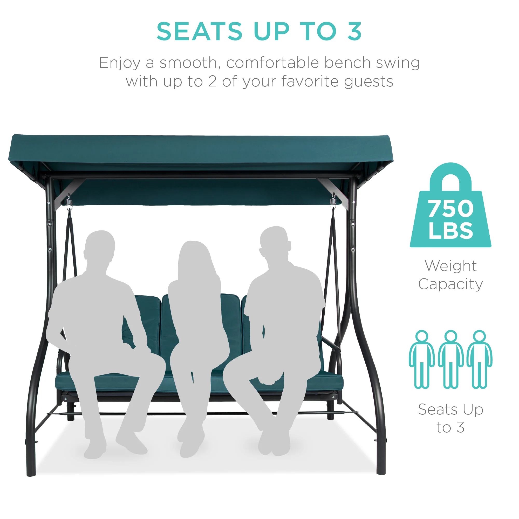 3-Seat Outdoor Canopy Swing Glider Furniture w/ Converting Flatbed Backrest - Image 4