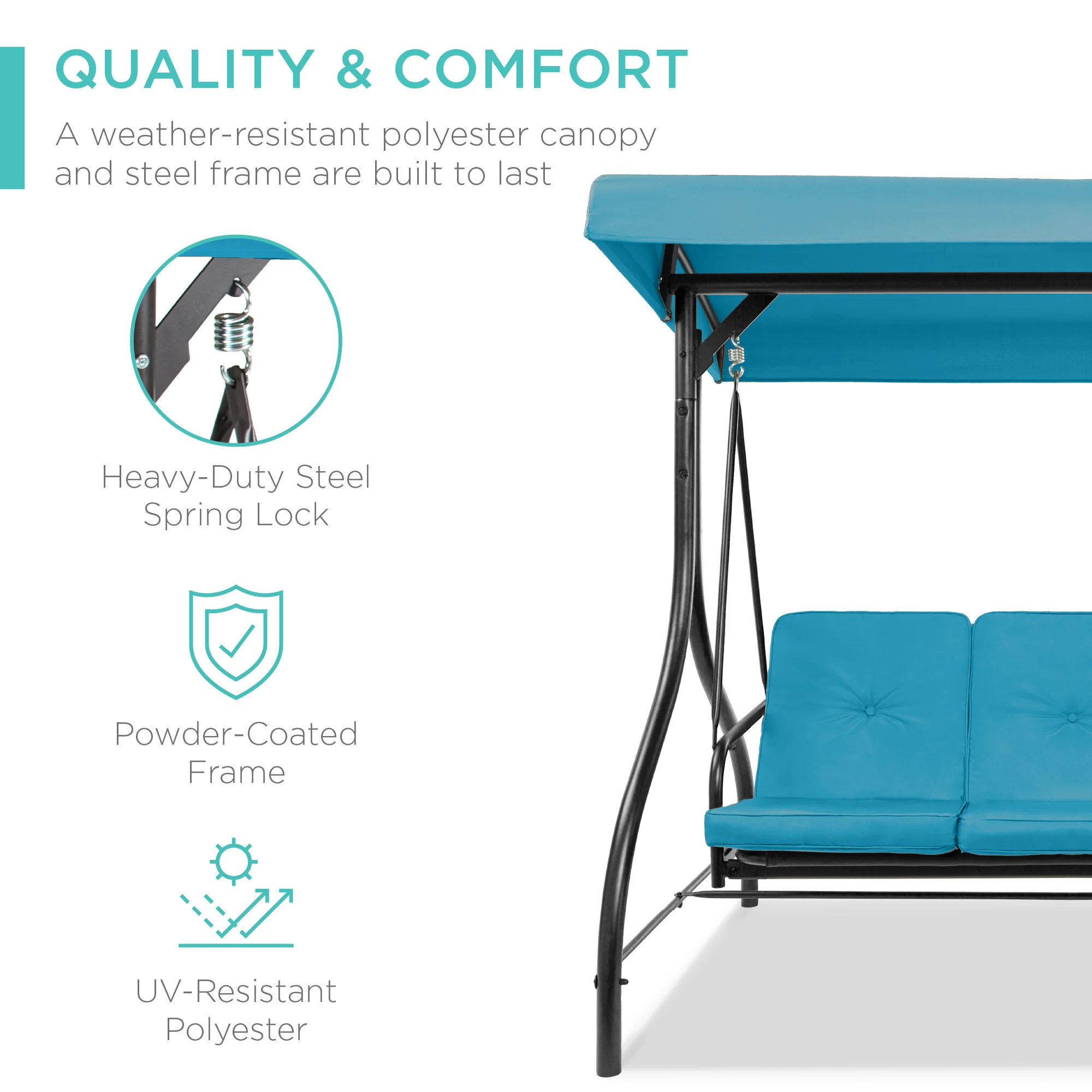 3-Seat Outdoor Canopy Swing Glider Furniture w/ Converting Flatbed Backrest - Image 44