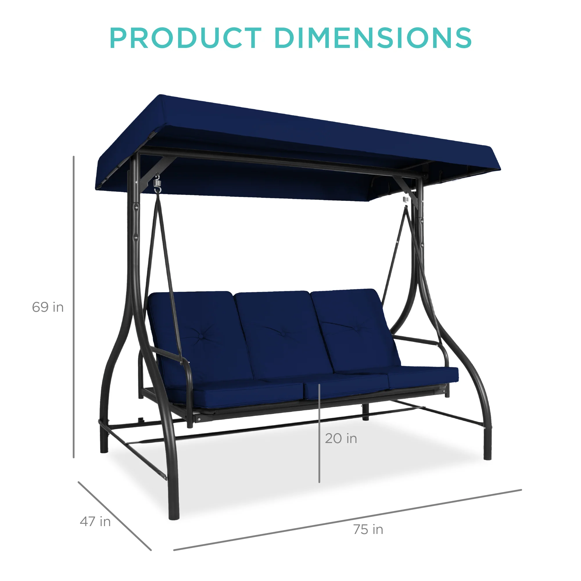 3-Seat Outdoor Canopy Swing Glider Furniture w/ Converting Flatbed Backrest - Image 62