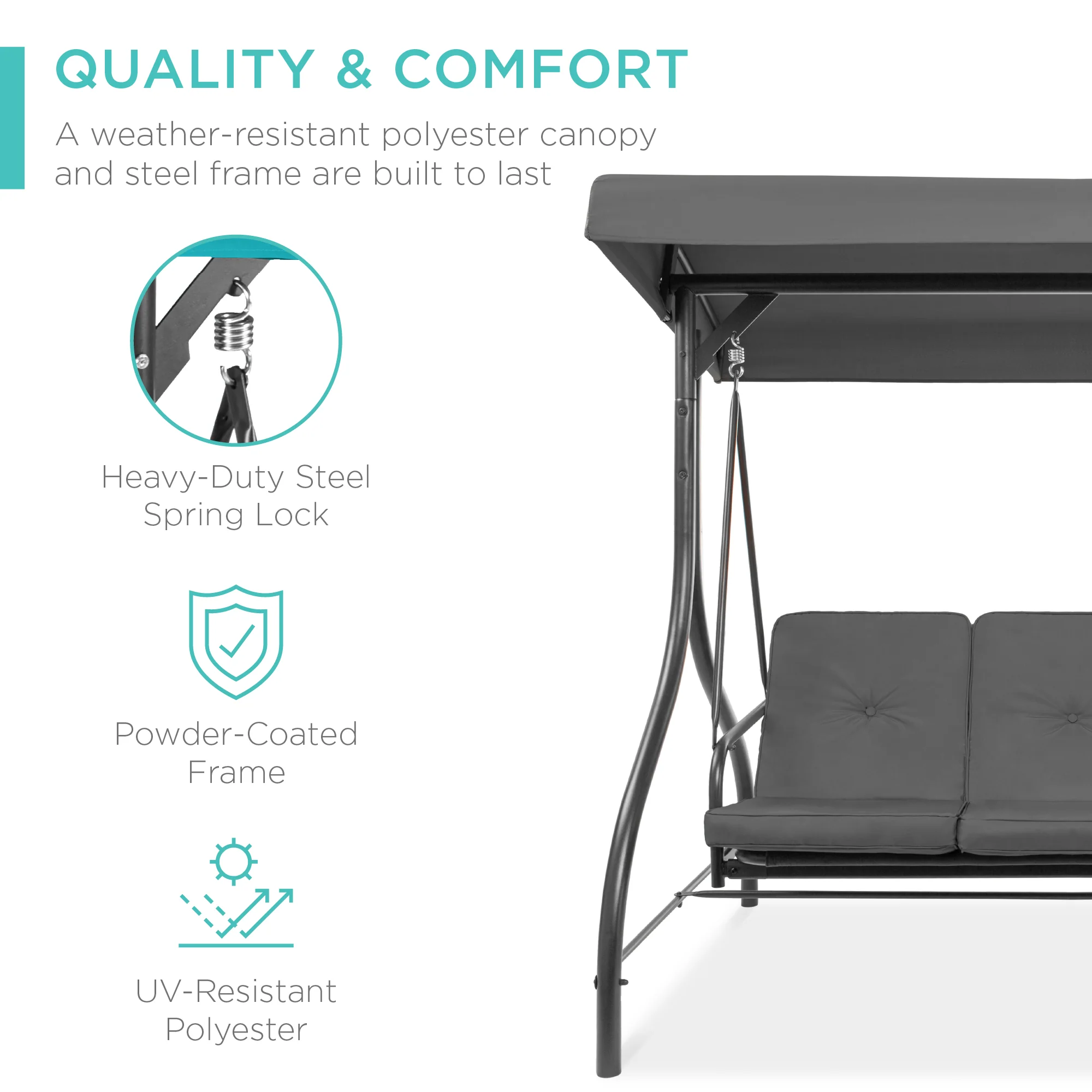 3-Seat Outdoor Canopy Swing Glider Furniture w/ Converting Flatbed Backrest - Image 65
