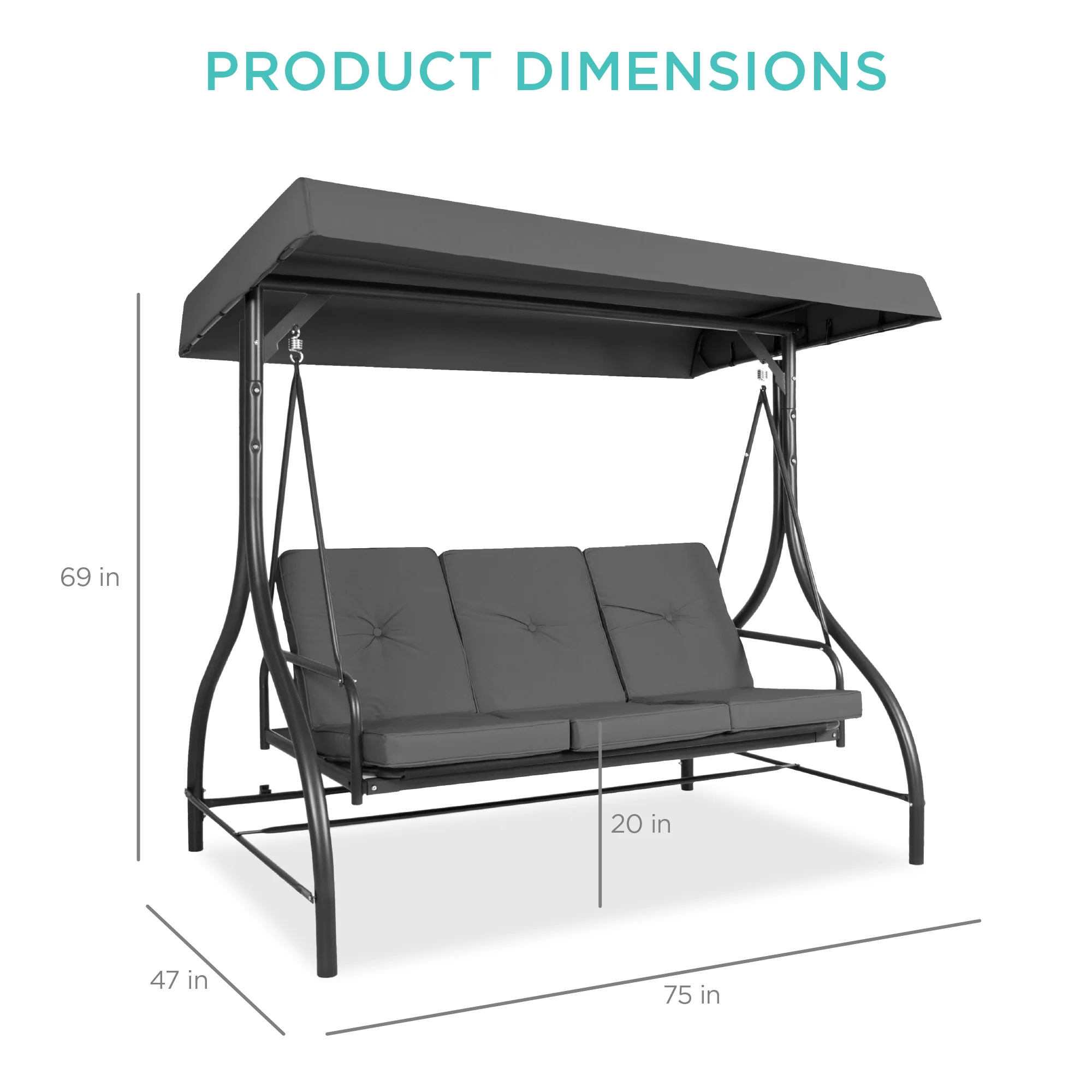 3-Seat Outdoor Canopy Swing Glider Furniture w/ Converting Flatbed Backrest - Image 69