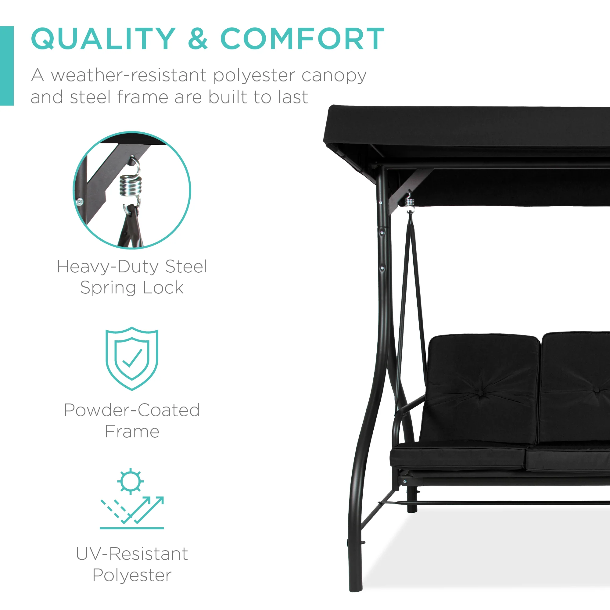 3-Seat Outdoor Canopy Swing Glider Furniture w/ Converting Flatbed Backrest - Image 72