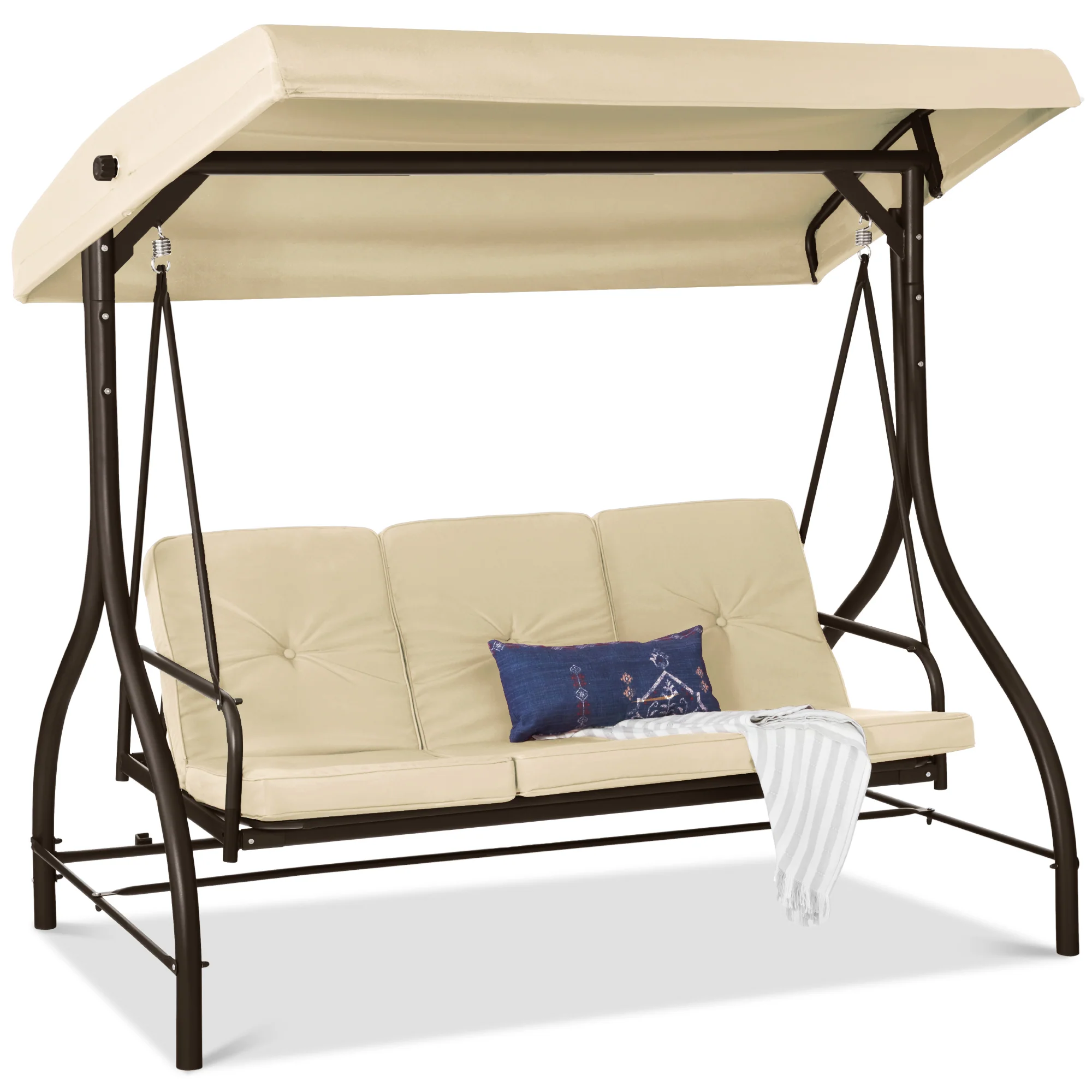 3-Seat Outdoor Canopy Swing Glider Furniture w/ Converting Flatbed Backrest - Image 77