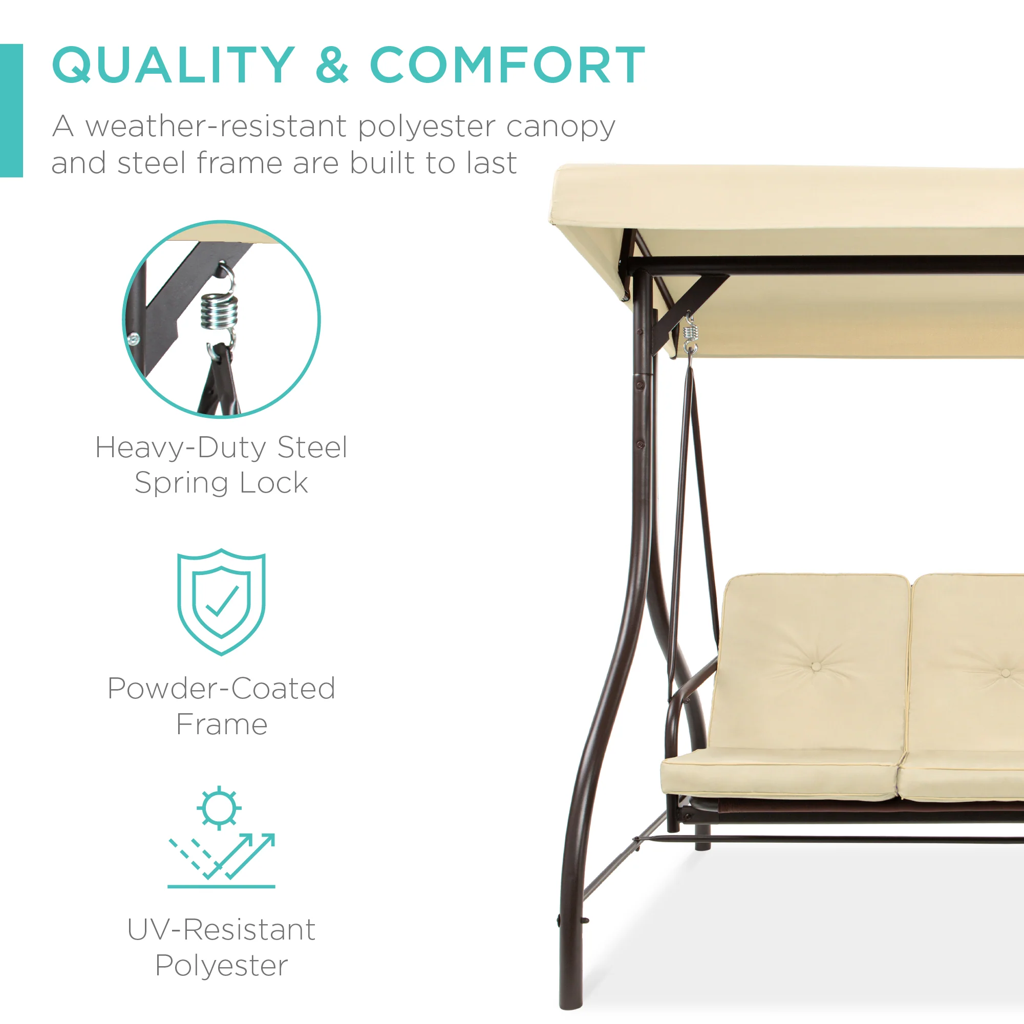 3-Seat Outdoor Canopy Swing Glider Furniture w/ Converting Flatbed Backrest - Image 79