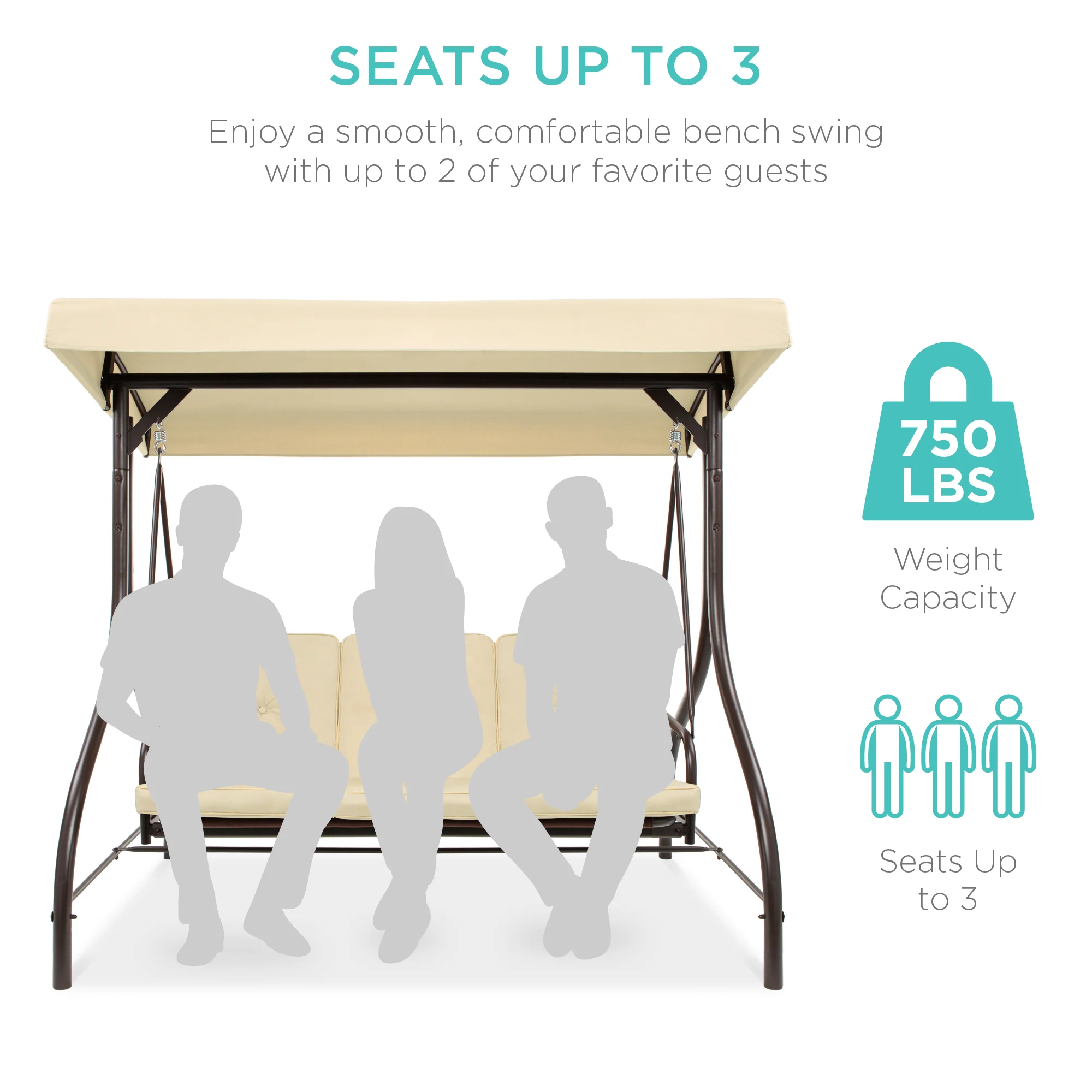 3-Seat Outdoor Canopy Swing Glider Furniture w/ Converting Flatbed Backrest - Image 80
