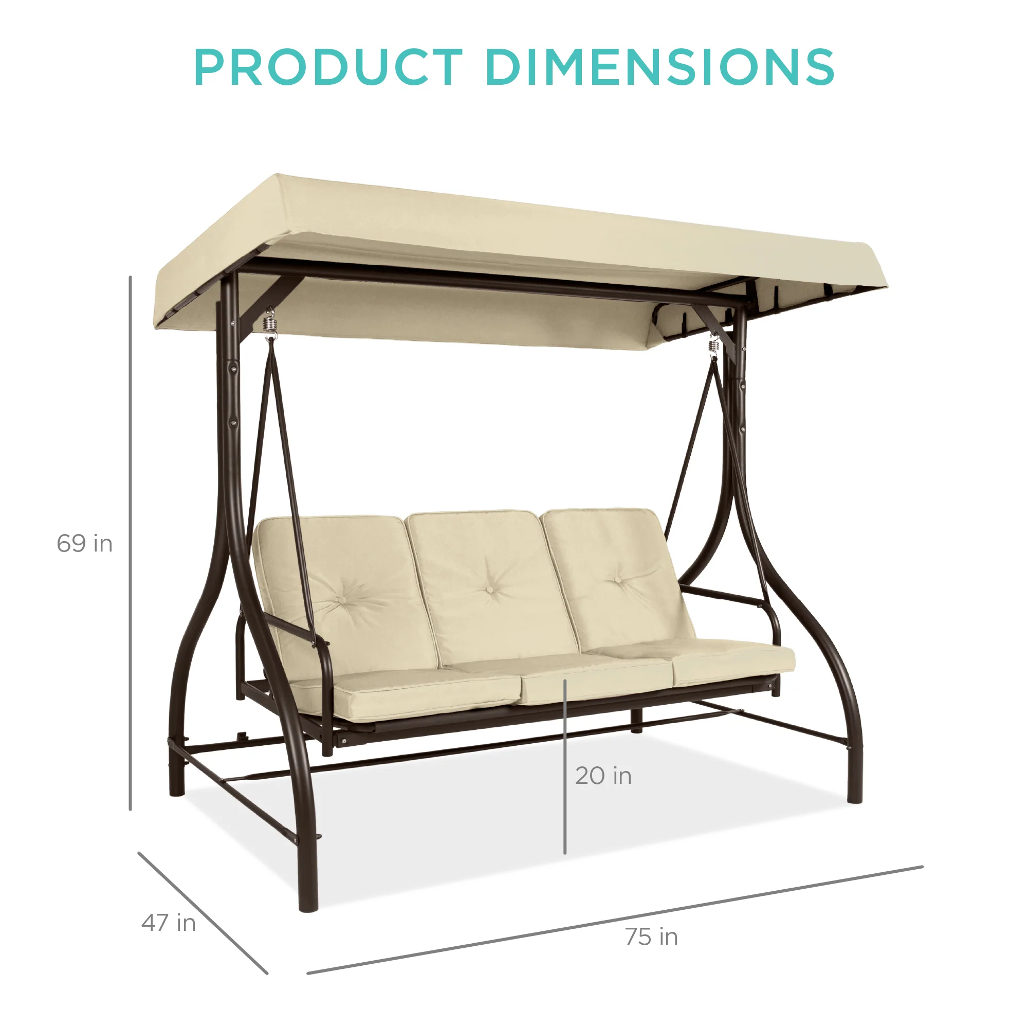 3-Seat Outdoor Canopy Swing Glider Furniture w/ Converting Flatbed Backrest - Image 83
