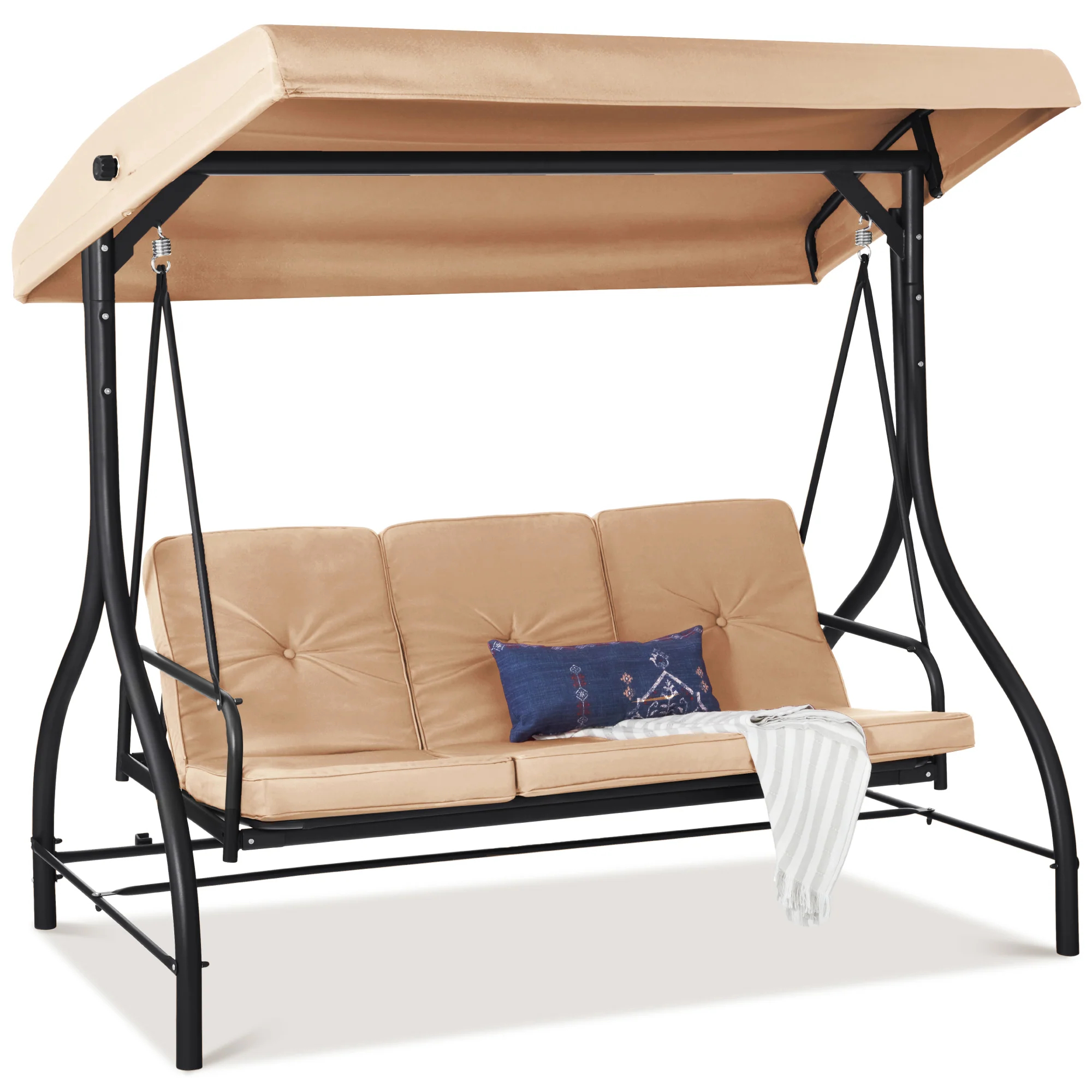 3-Seat Outdoor Canopy Swing Glider Furniture w/ Converting Flatbed Backrest - Image 84