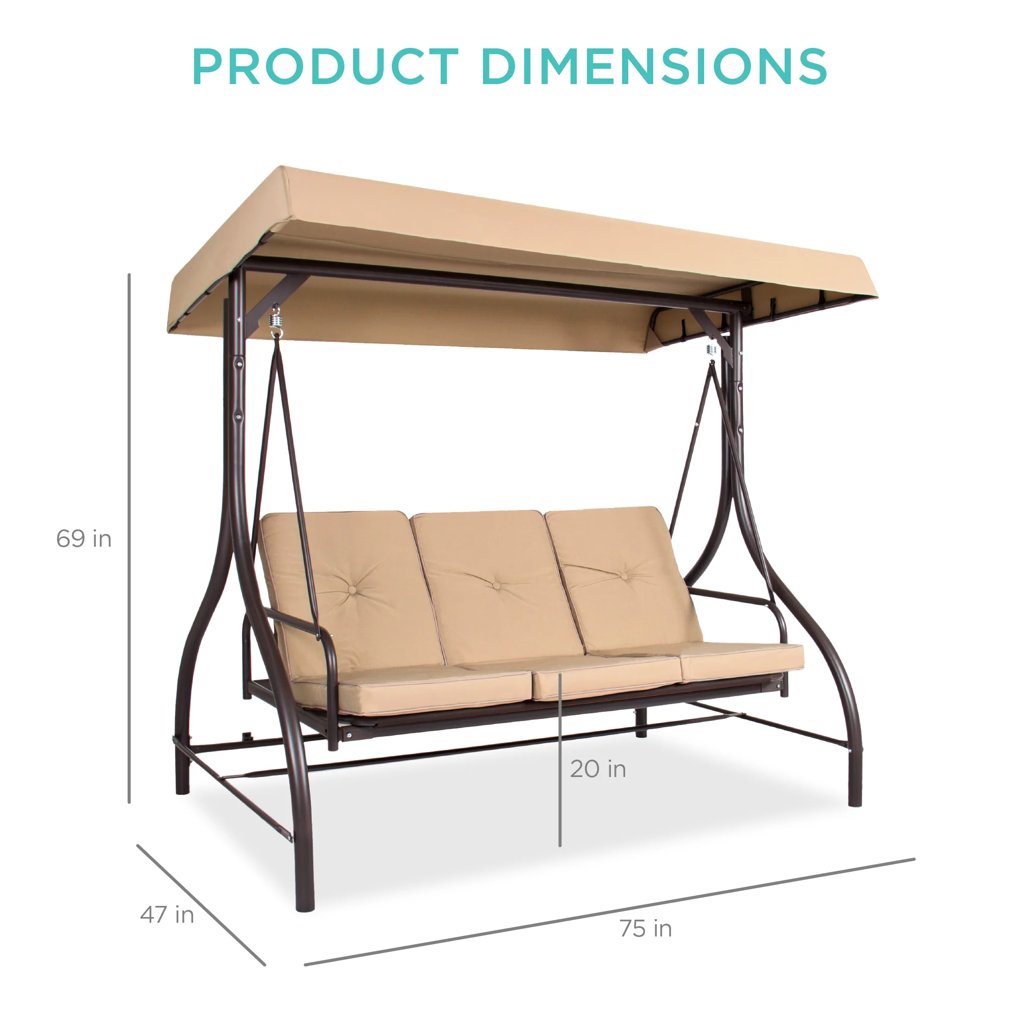 3-Seat Outdoor Canopy Swing Glider Furniture w/ Converting Flatbed Backrest - Image 90