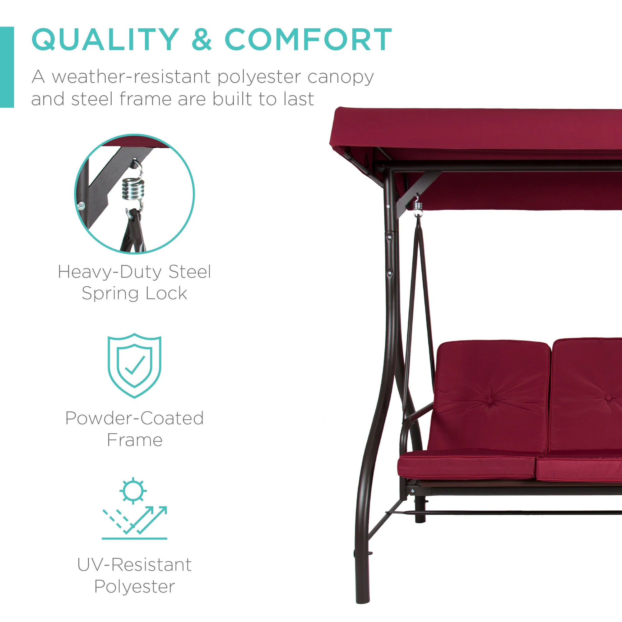 3-Seat Outdoor Canopy Swing Glider Furniture w/ Converting Flatbed Backrest - Image 93