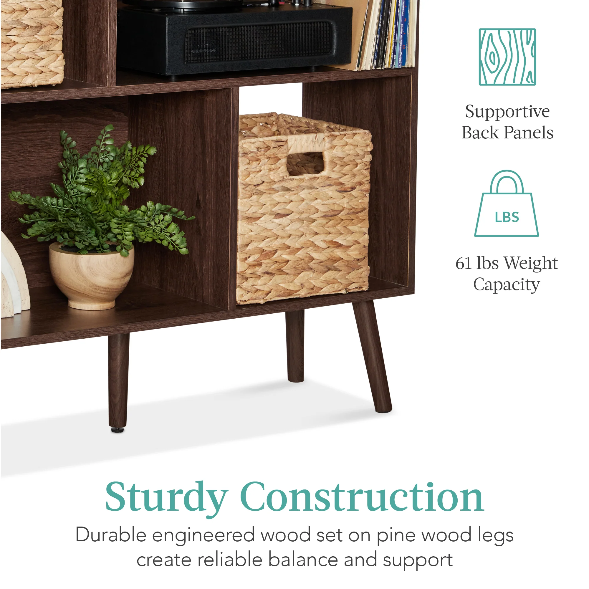 3-Tier Mid-Century Modern Wooden Bookcase w/ 3 Back Panels, Offset Legs - Image 6