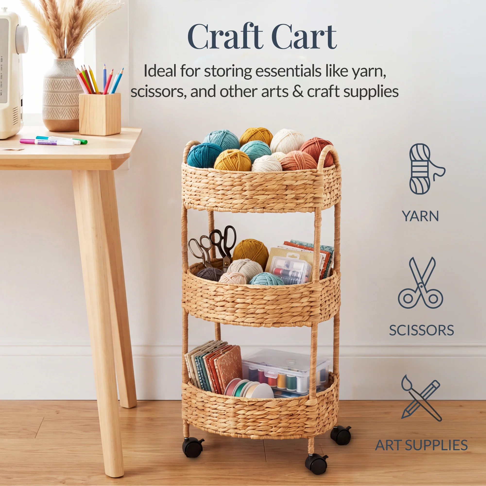 3-Tier Round Rolling Nursery Caddy w/Wheels, Handwoven Utility Cart - Image 13