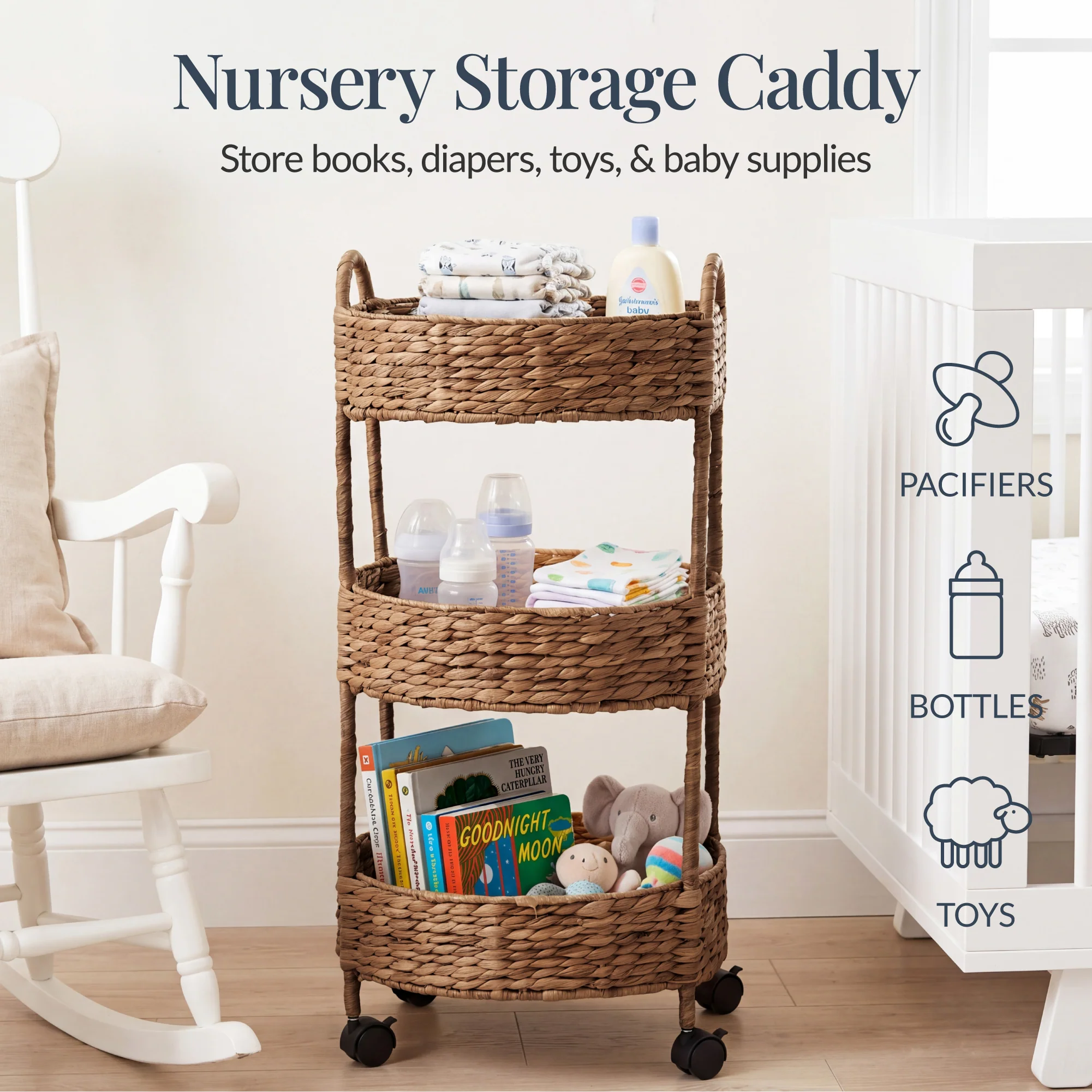 3-Tier Round Rolling Nursery Caddy w/Wheels, Handwoven Utility Cart - Image 3