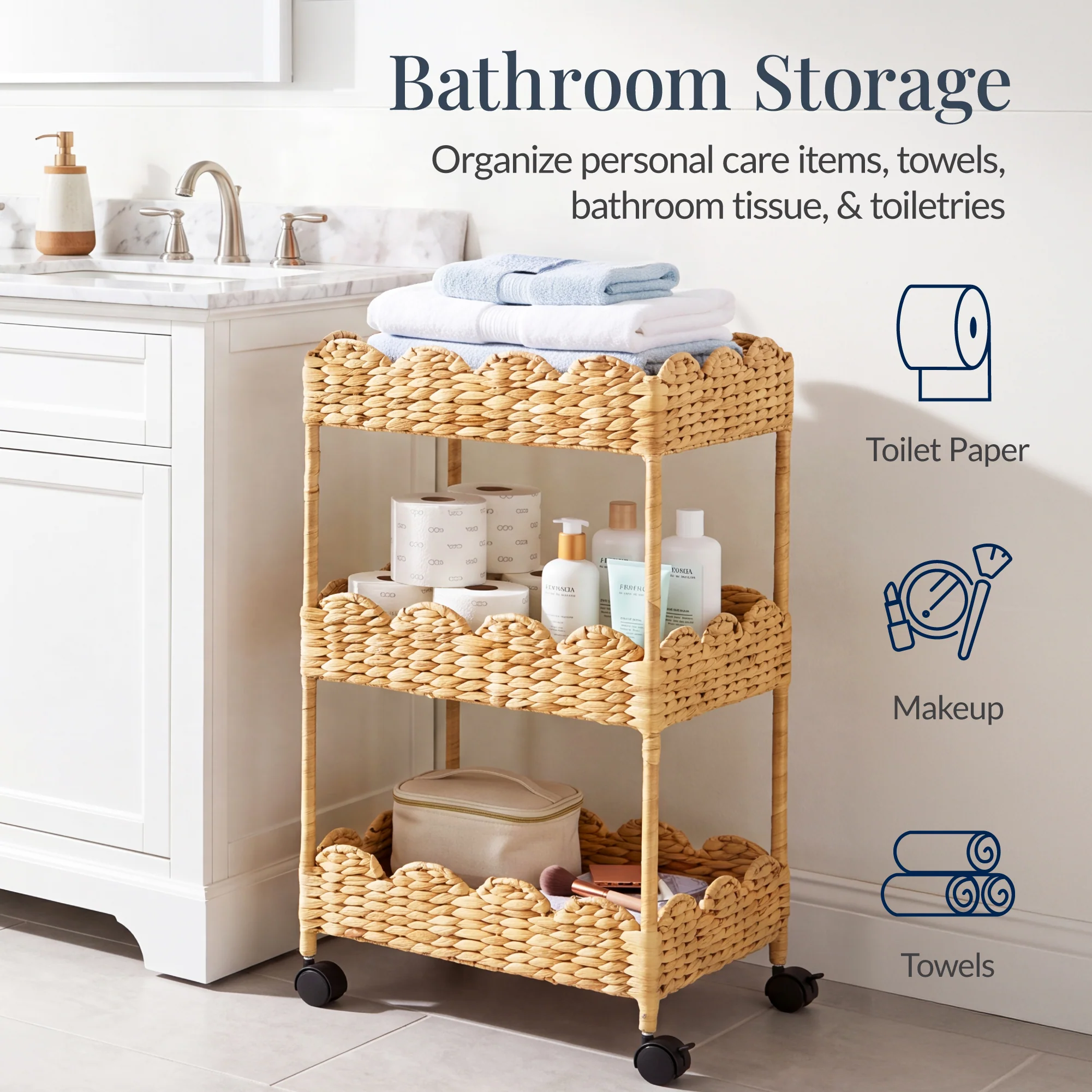 3-Tier Scalloped Rolling Nursery Caddy w/Wheels, Storage Utility Cart - Image 14