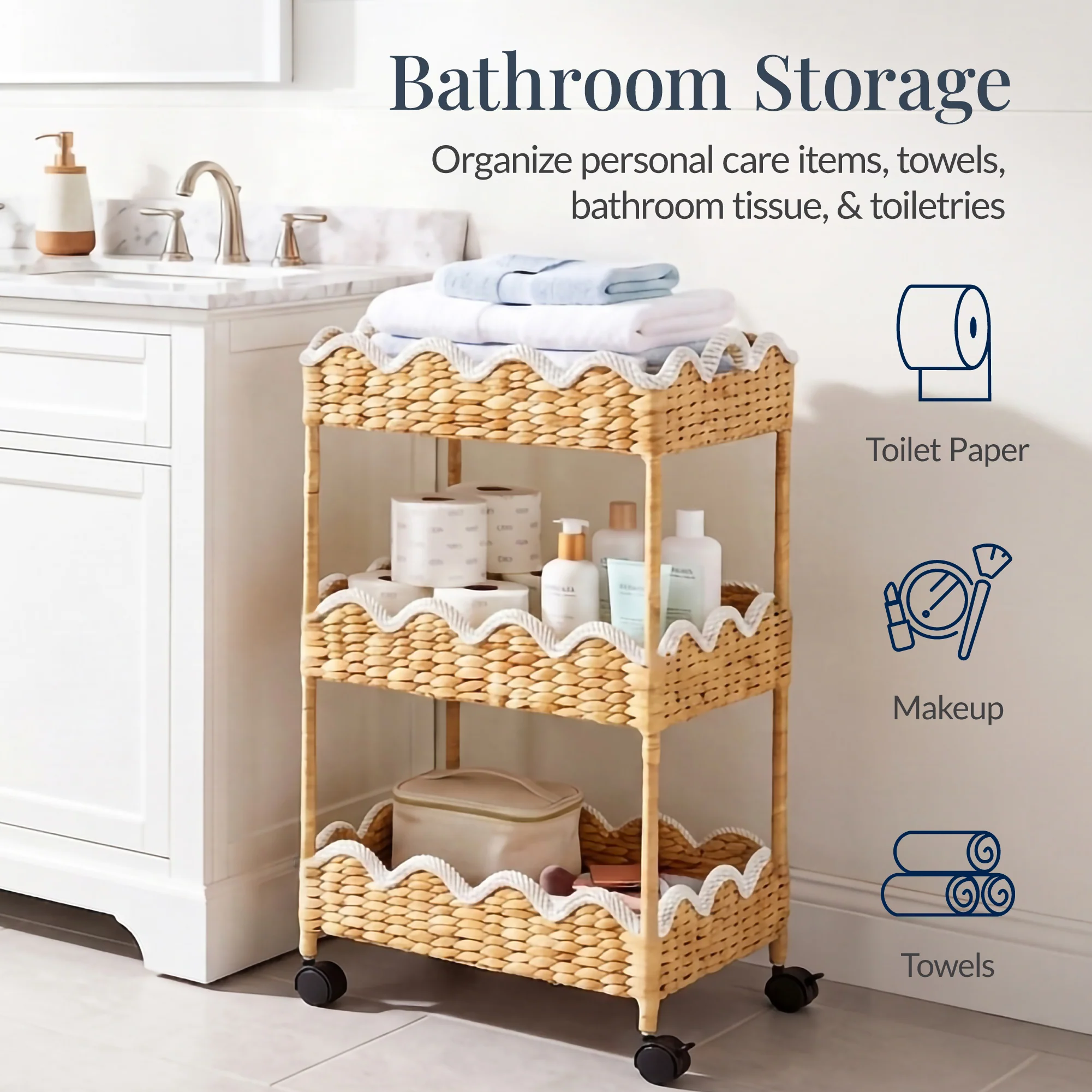 3-Tier Scalloped Rolling Nursery Caddy w/Wheels, Storage Utility Cart - Image 23