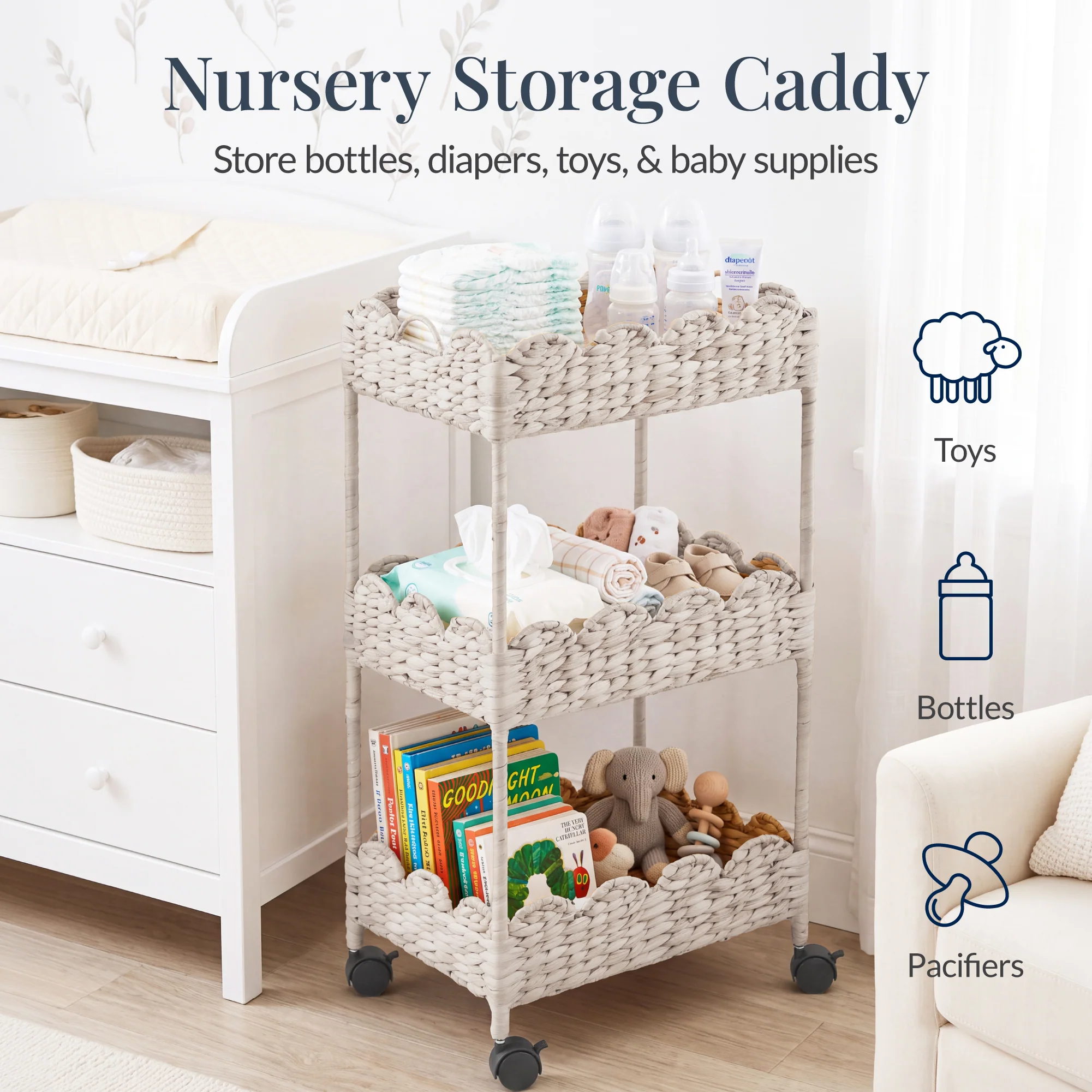 3-Tier Scalloped Rolling Nursery Caddy w/Wheels, Storage Utility Cart - Image 31