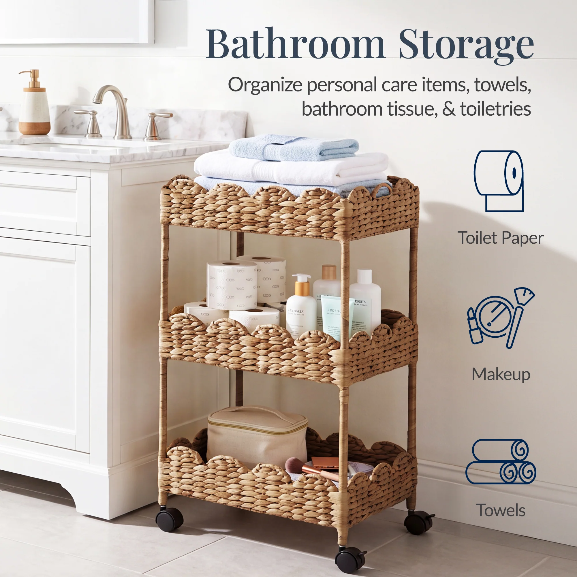 3-Tier Scalloped Rolling Nursery Caddy w/Wheels, Storage Utility Cart - Image 5