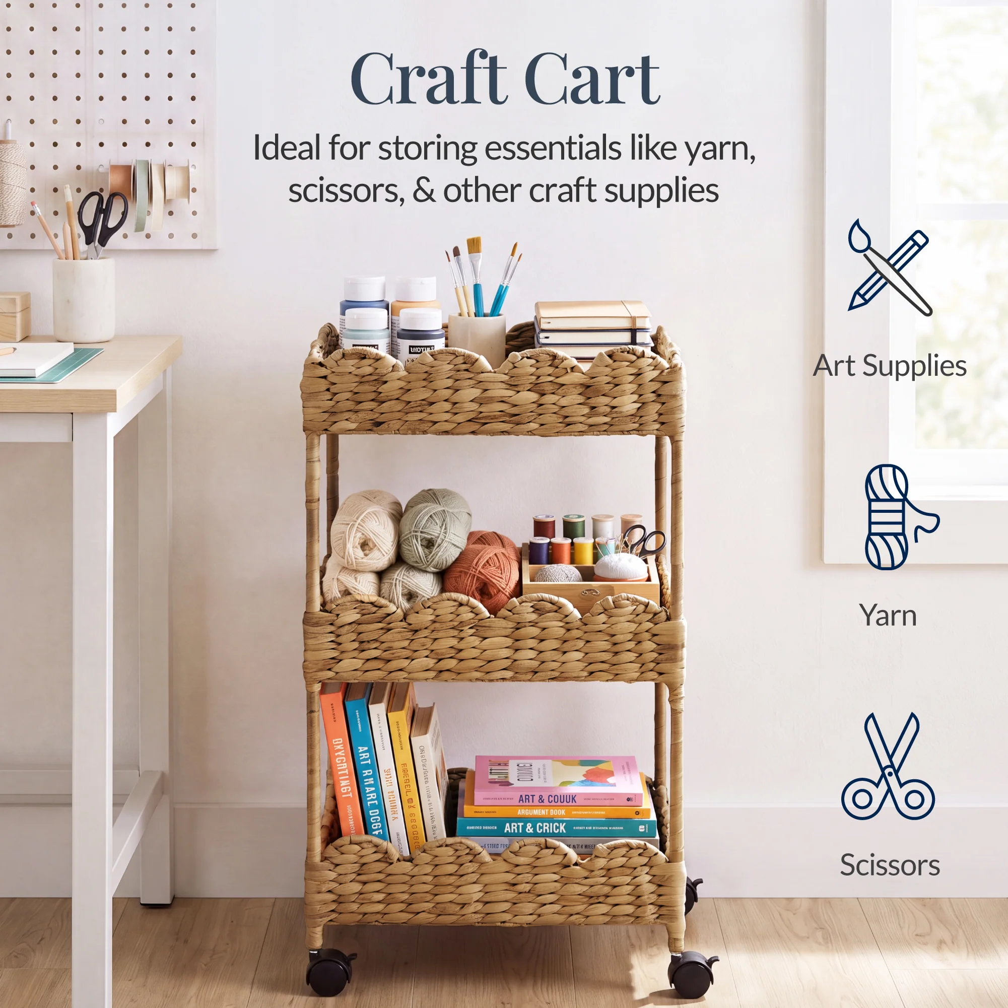 3-Tier Scalloped Rolling Nursery Caddy w/Wheels, Storage Utility Cart - Image 7