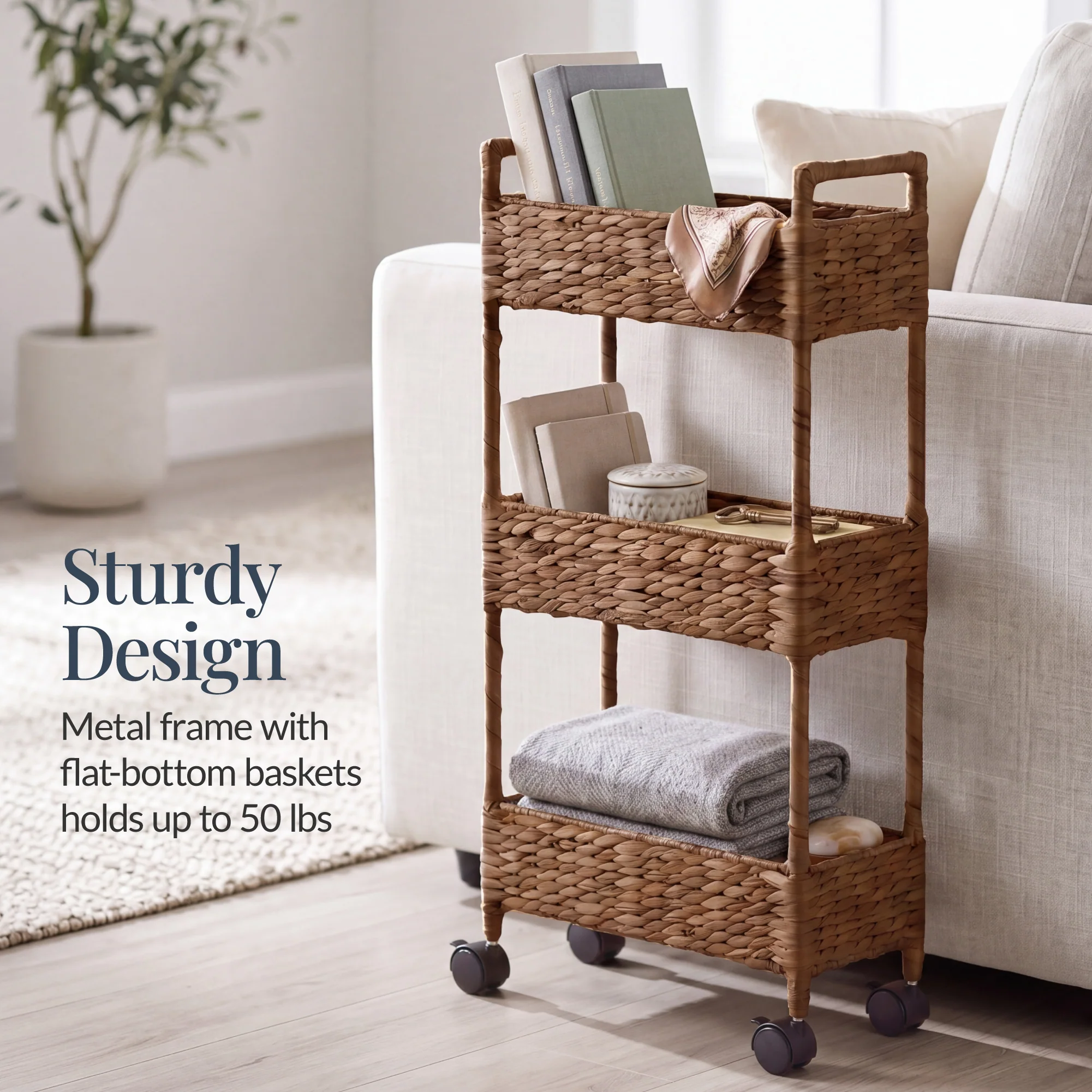 3-Tier Slim Rolling Nursery Caddy w/Wheels, Handwoven Utility Cart - Image 6