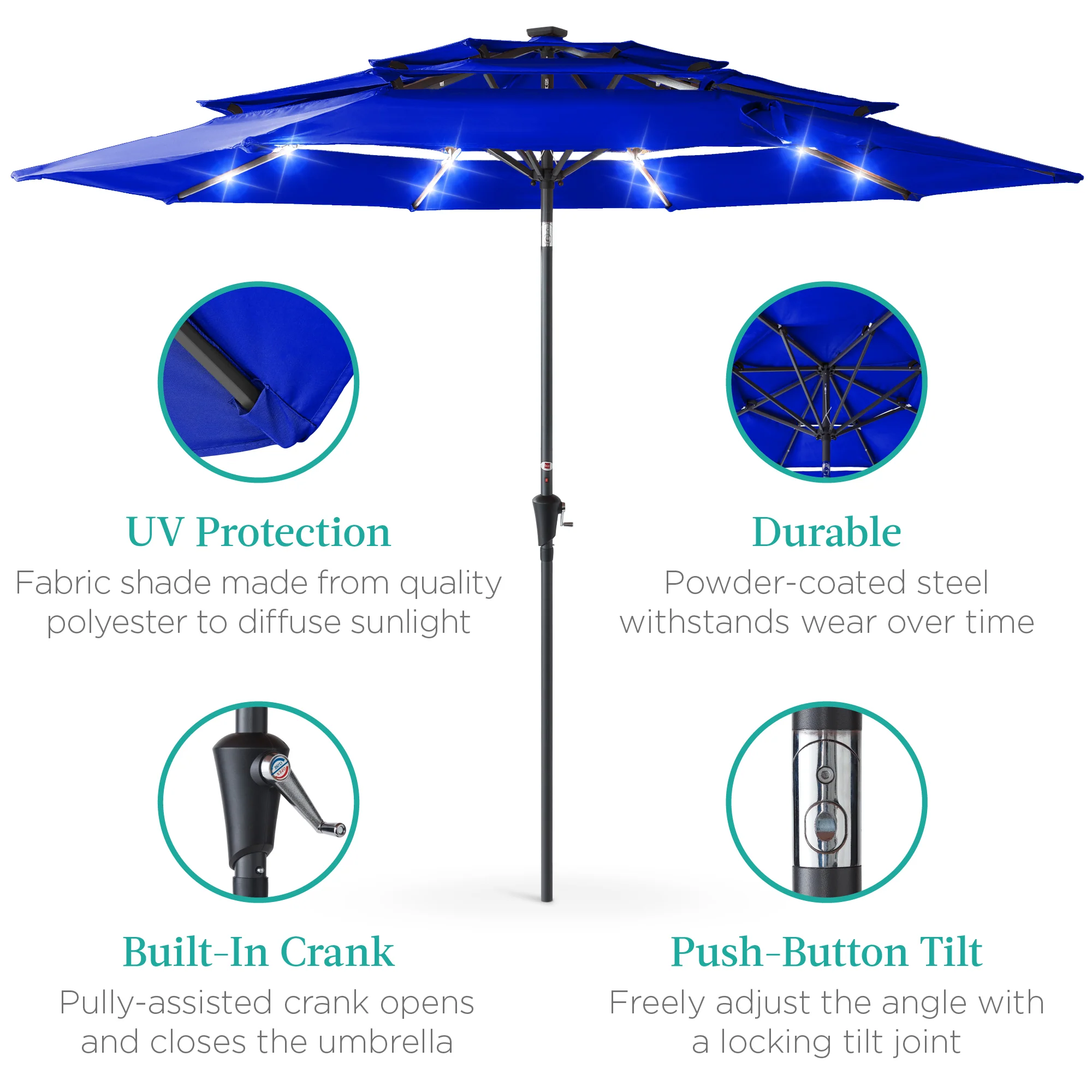 3-Tier Solar Patio Umbrella w/ LED Lights, Tilt Adjustment, Crank - 10ft - Image 110