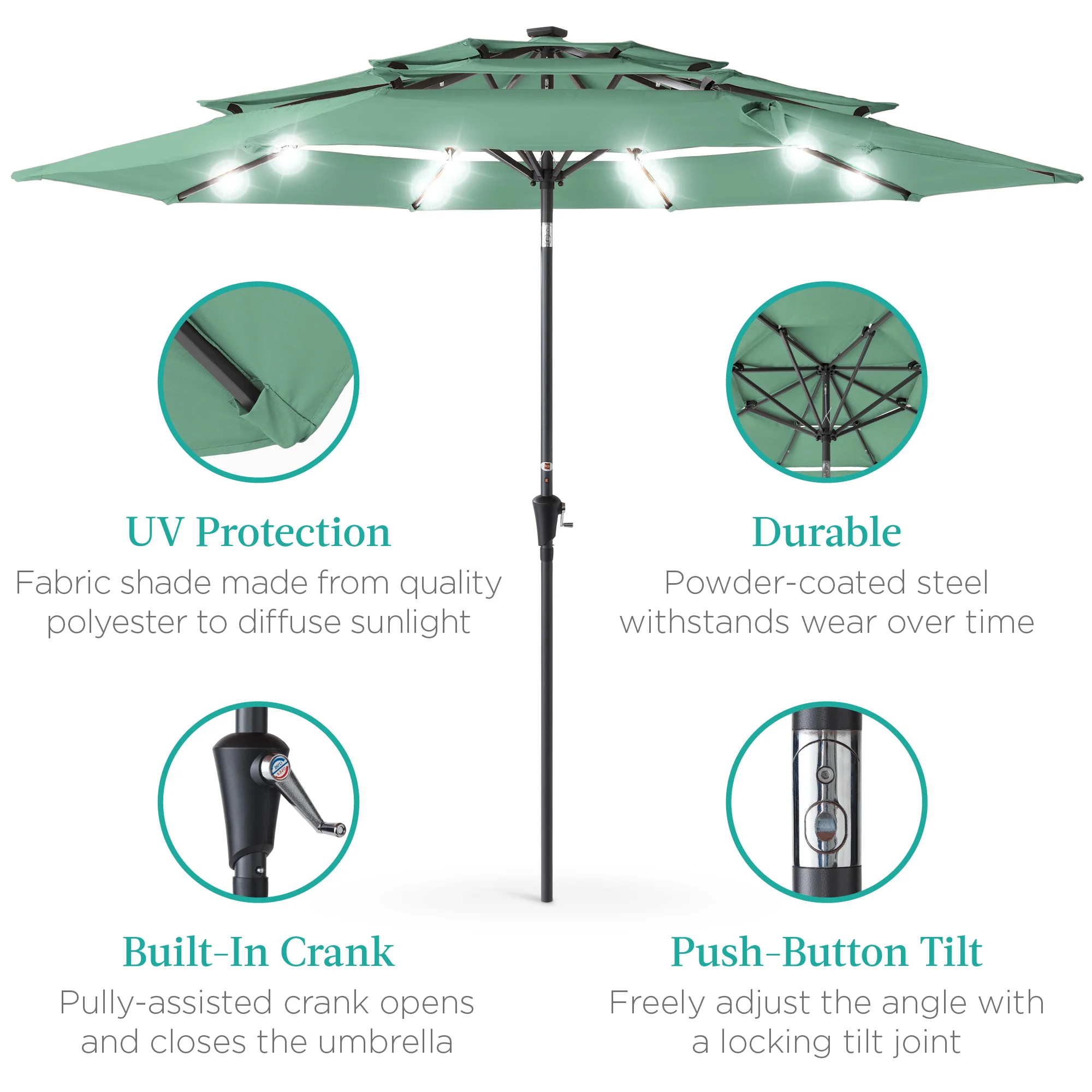 3-Tier Solar Patio Umbrella w/ LED Lights, Tilt Adjustment, Crank - 10ft - Image 138