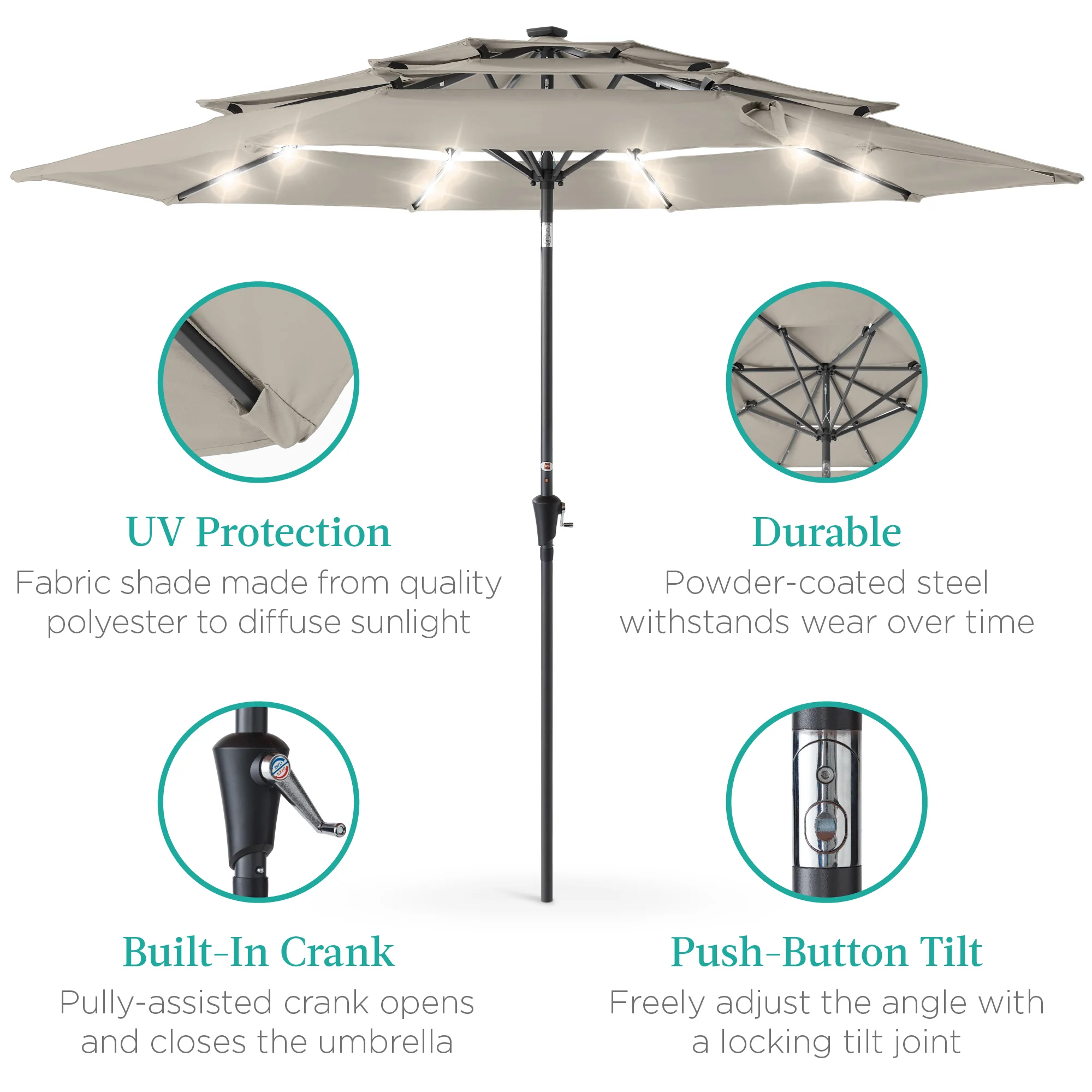 3-Tier Solar Patio Umbrella w/ LED Lights, Tilt Adjustment, Crank - 10ft - Image 19