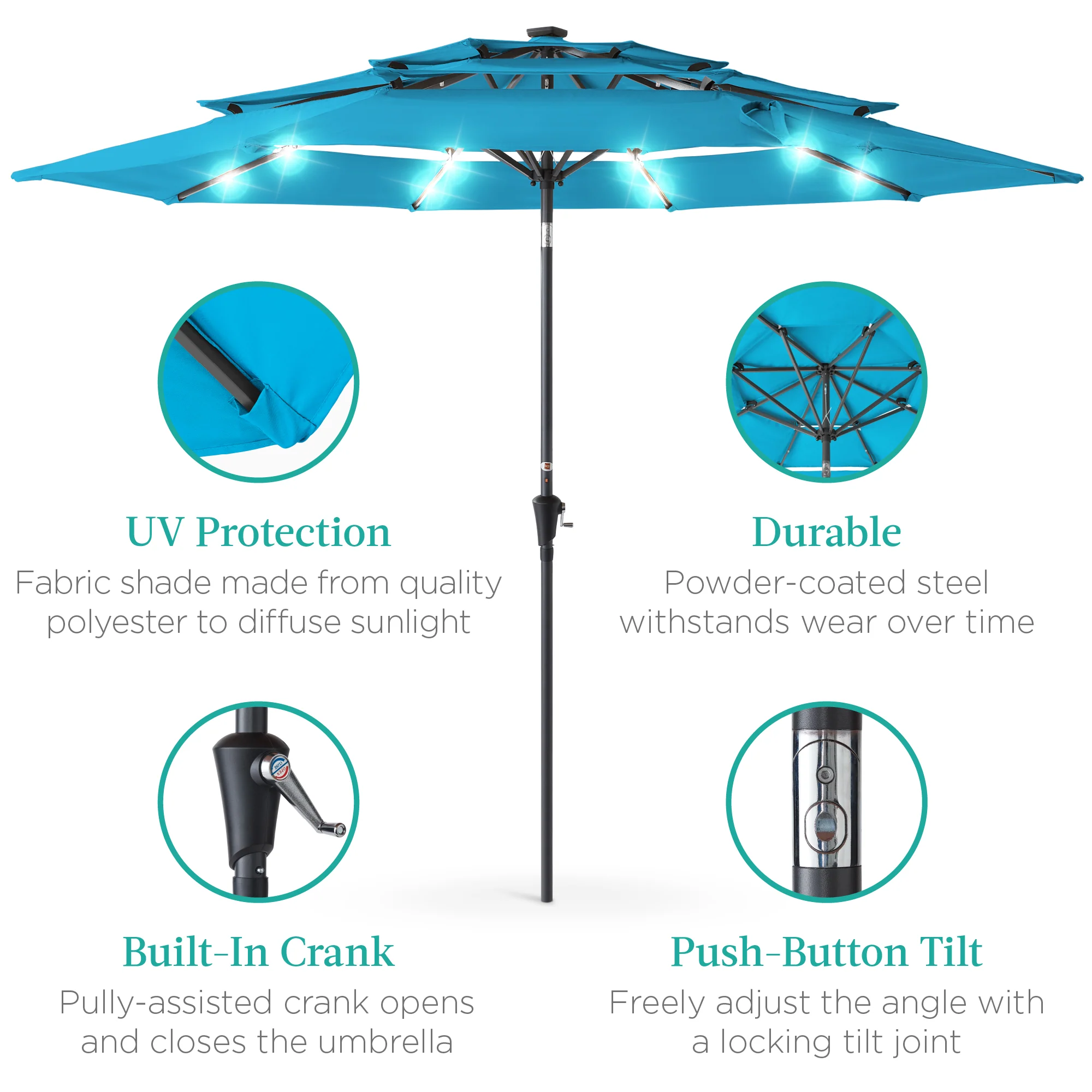 3-Tier Solar Patio Umbrella w/ LED Lights, Tilt Adjustment, Crank - 10ft - Image 194