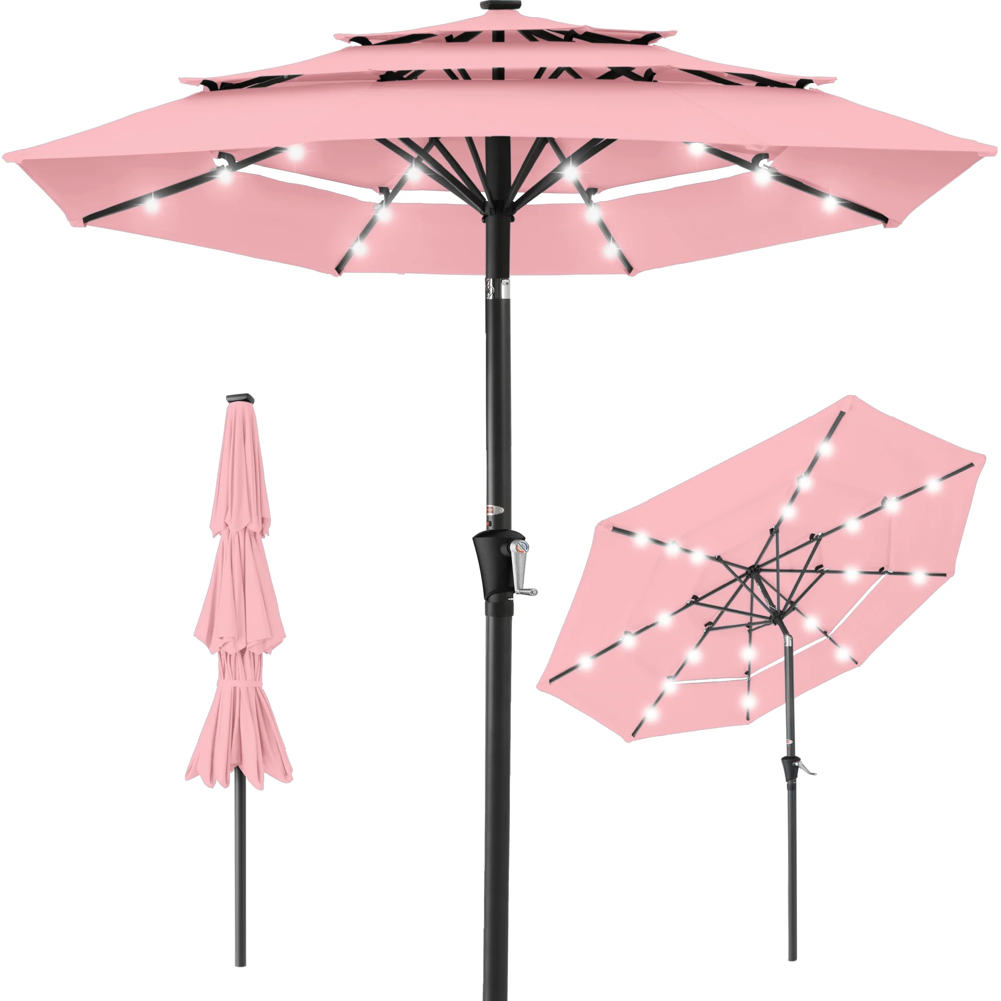 3-Tier Solar Patio Umbrella w/ LED Lights, Tilt Adjustment, Crank - 10ft - Image 29