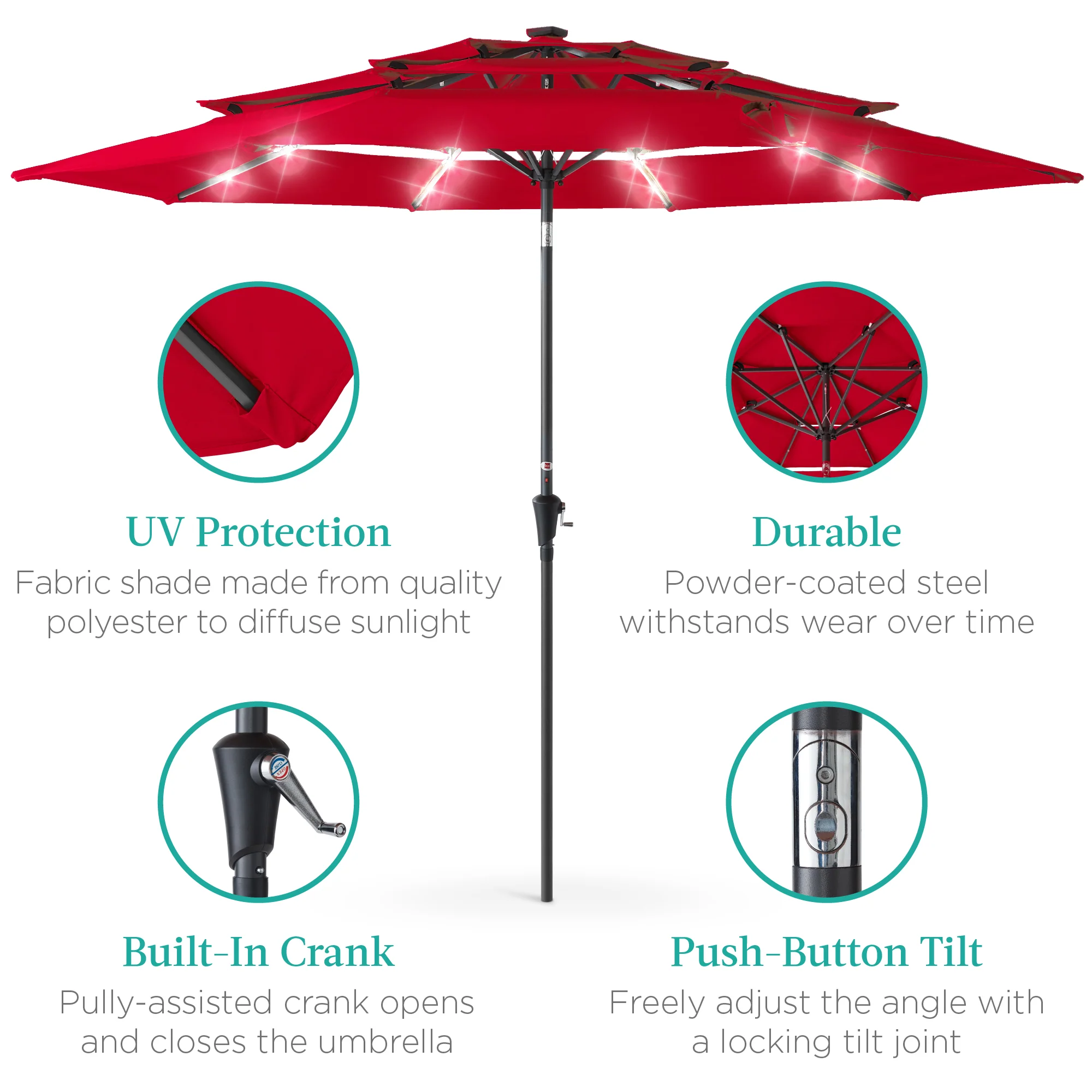 3-Tier Solar Patio Umbrella w/ LED Lights, Tilt Adjustment, Crank - 10ft - Image 68
