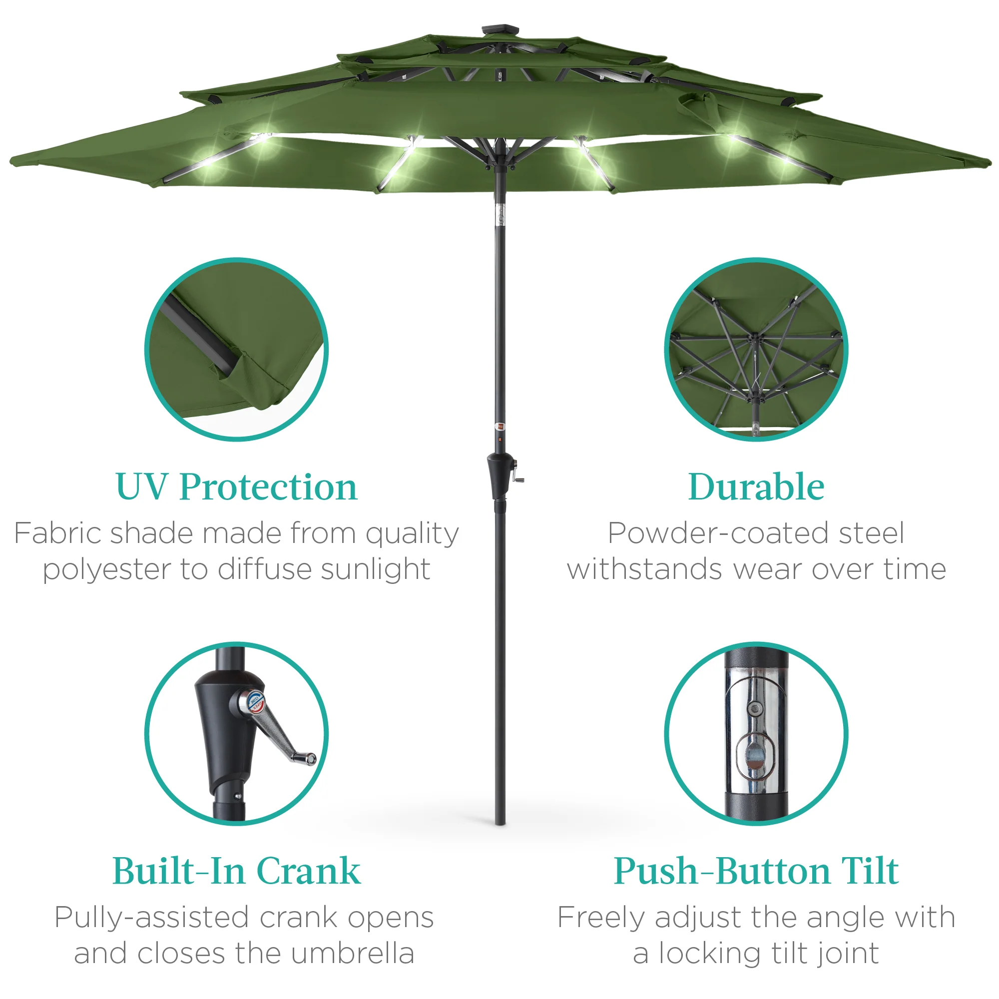 3-Tier Solar Patio Umbrella w/ LED Lights, Tilt Adjustment, Crank - 10ft - Image 82