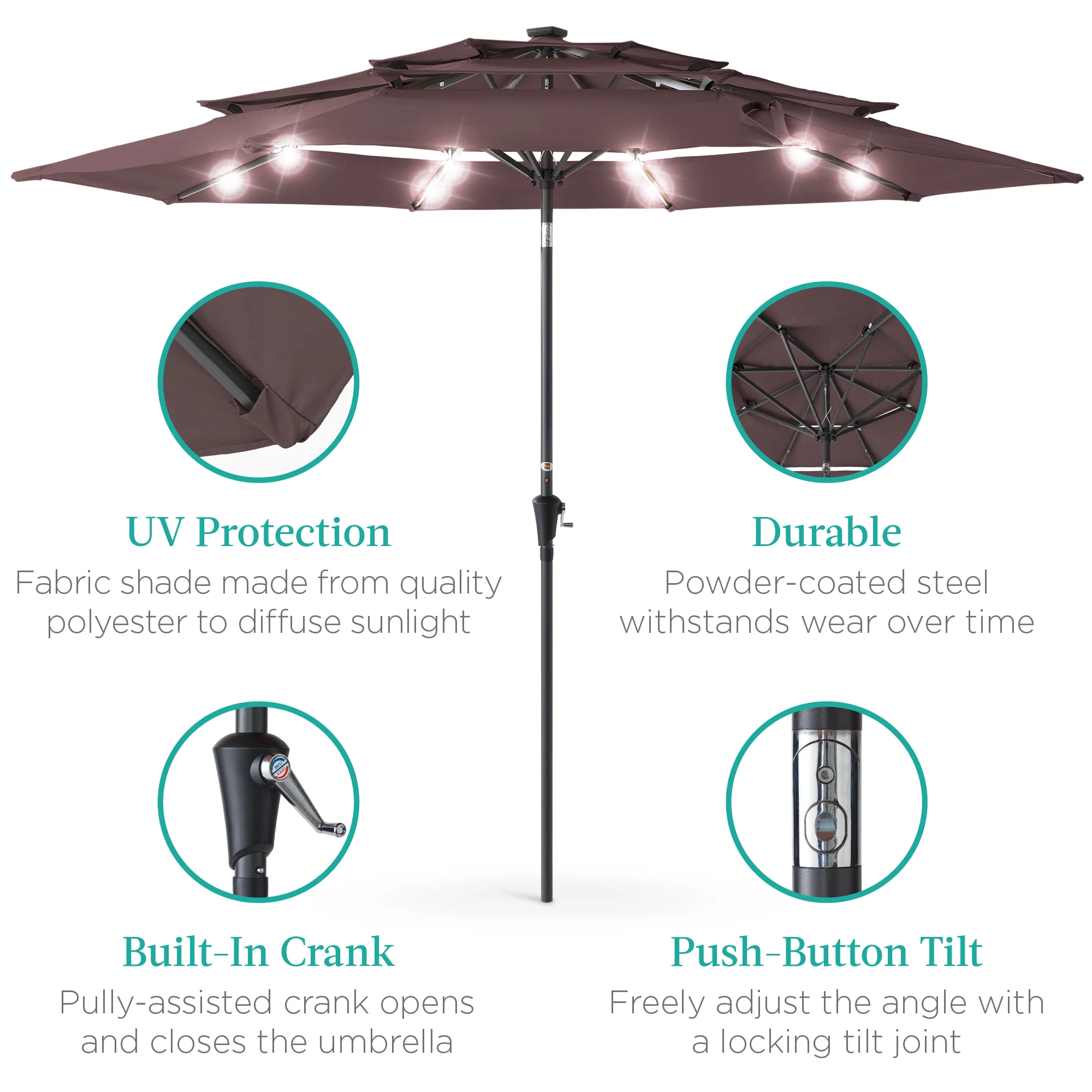 3-Tier Solar Patio Umbrella w/ LED Lights, Tilt Adjustment, Crank - 10ft - Image 96