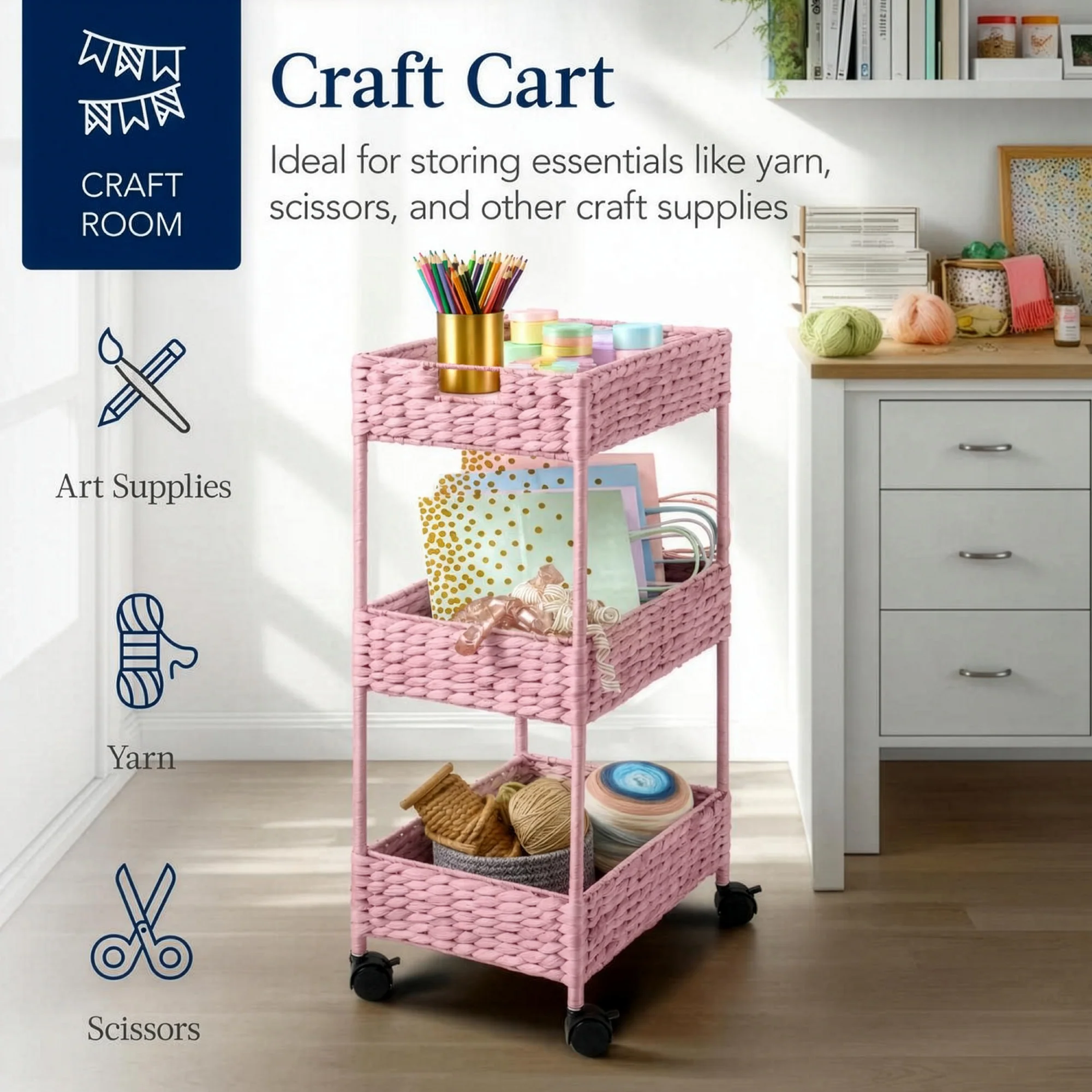 3-Tier Water Hyacinth Rolling Utility Cart w/ Weaved Baskets - Image 23