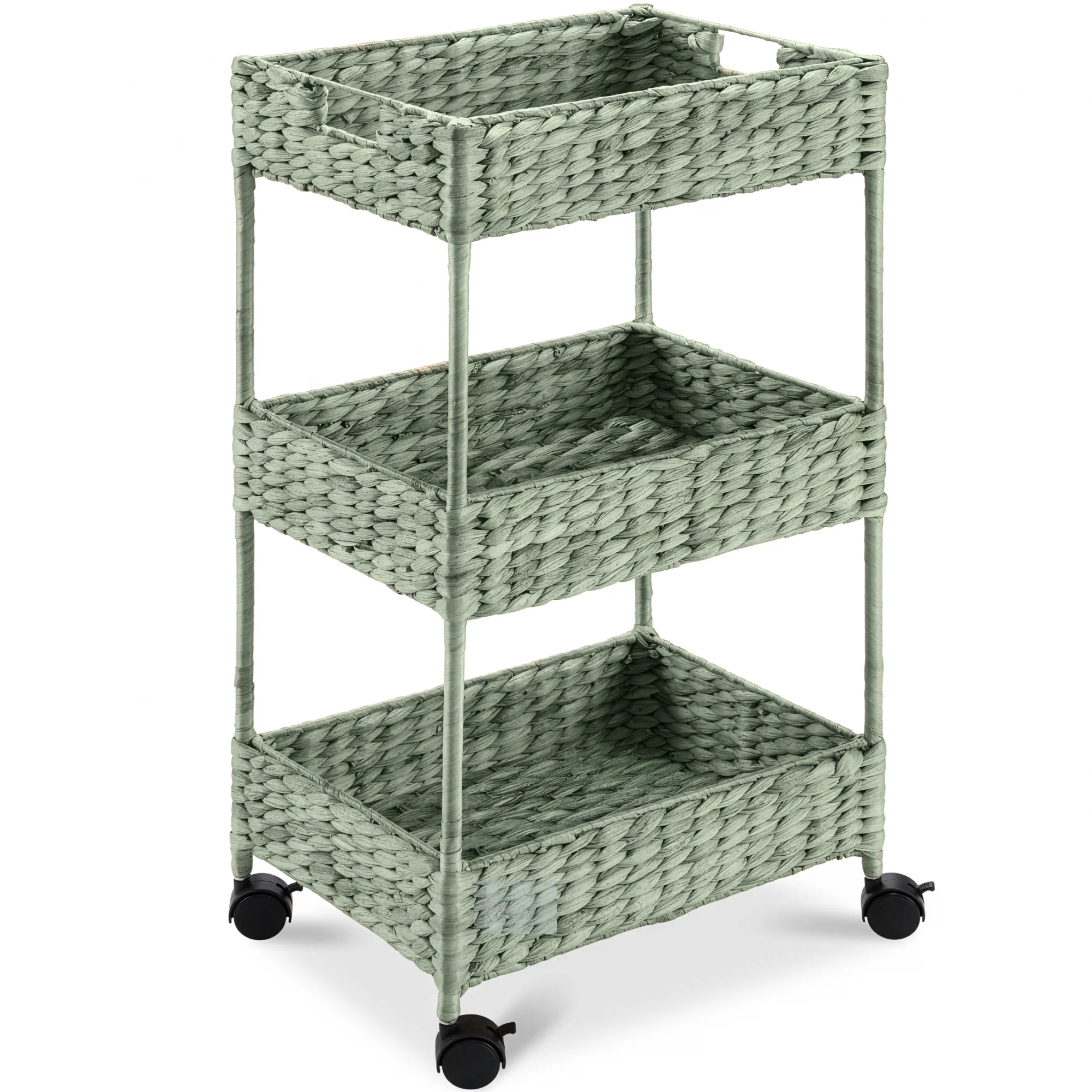 3-Tier Water Hyacinth Rolling Utility Cart w/ Weaved Baskets - Image 25