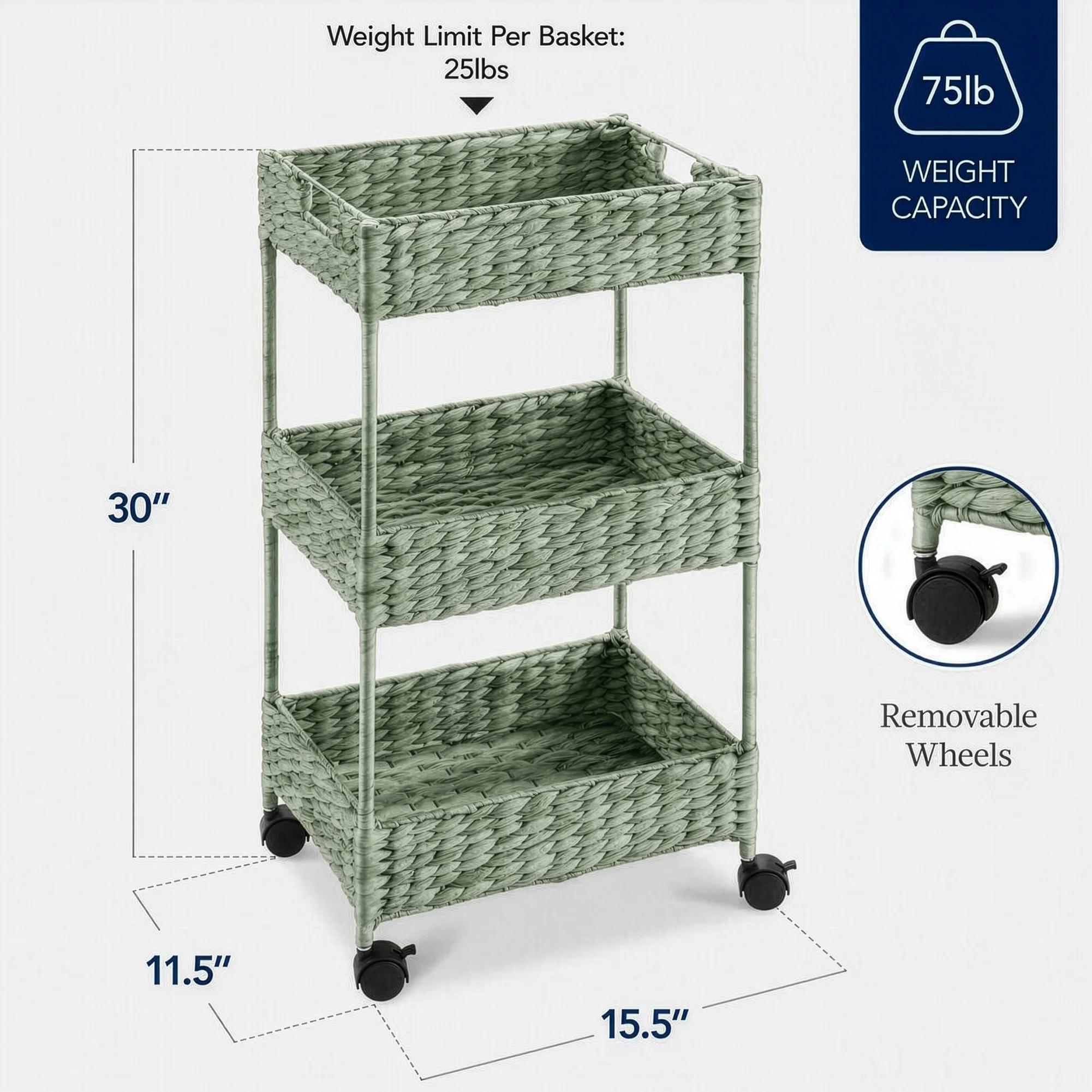 3-Tier Water Hyacinth Rolling Utility Cart w/ Weaved Baskets - Image 26