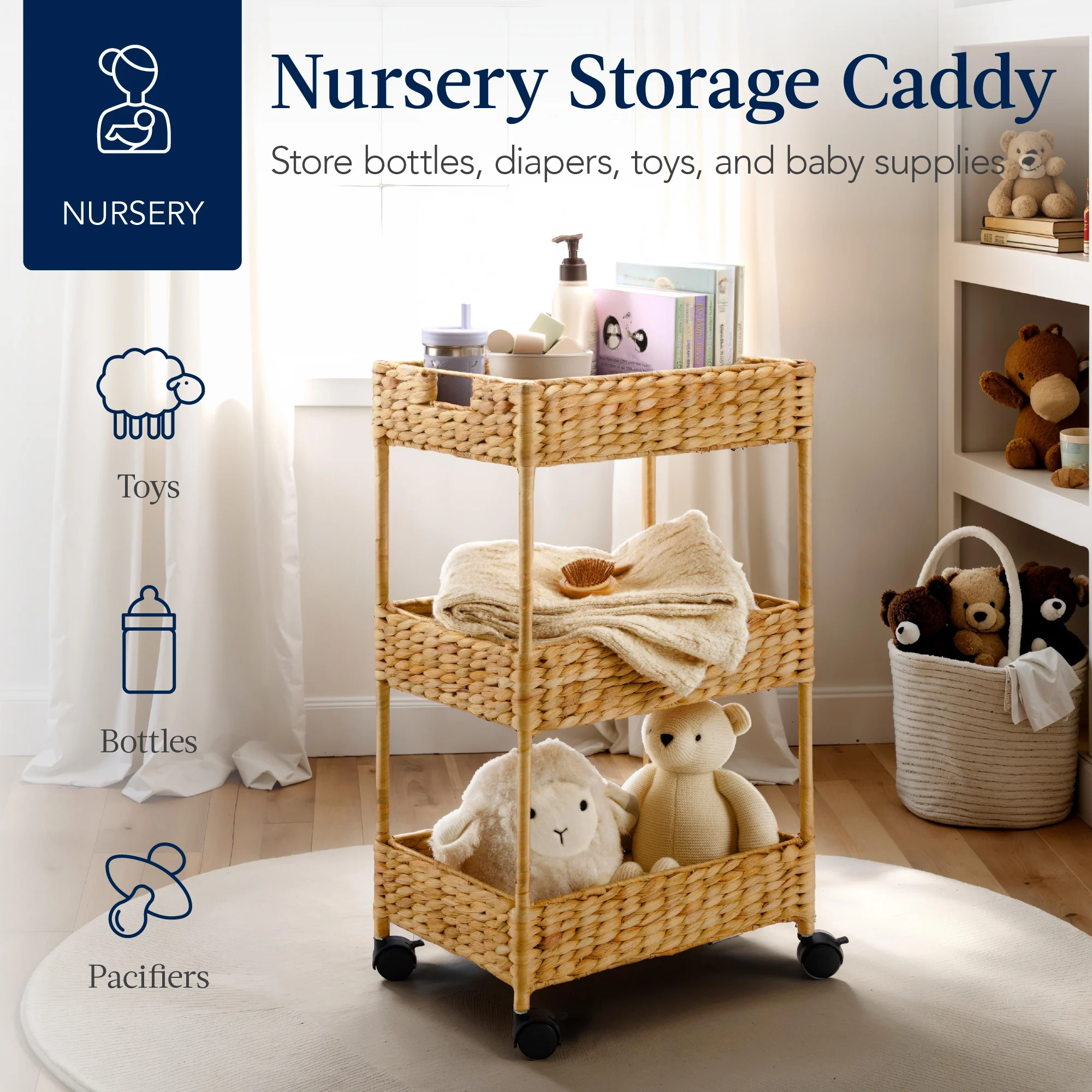 3-Tier Water Hyacinth Rolling Utility Cart w/ Weaved Baskets - Image 4