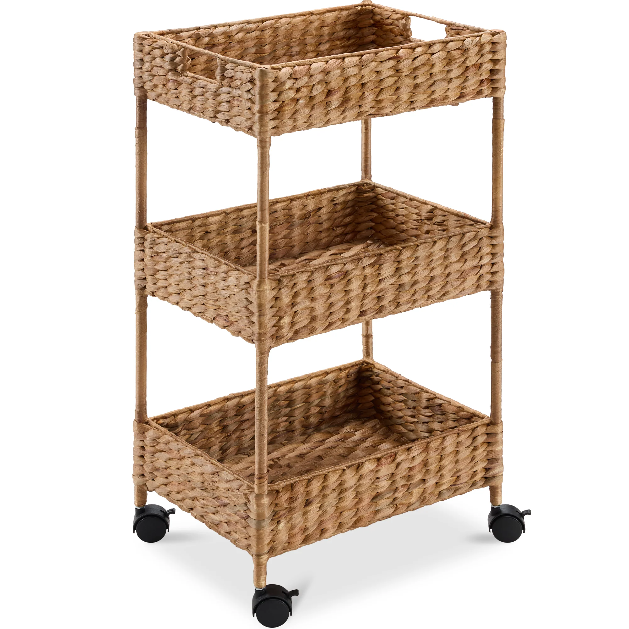 3-Tier Water Hyacinth Rolling Utility Cart w/ Weaved Baskets - Image 9