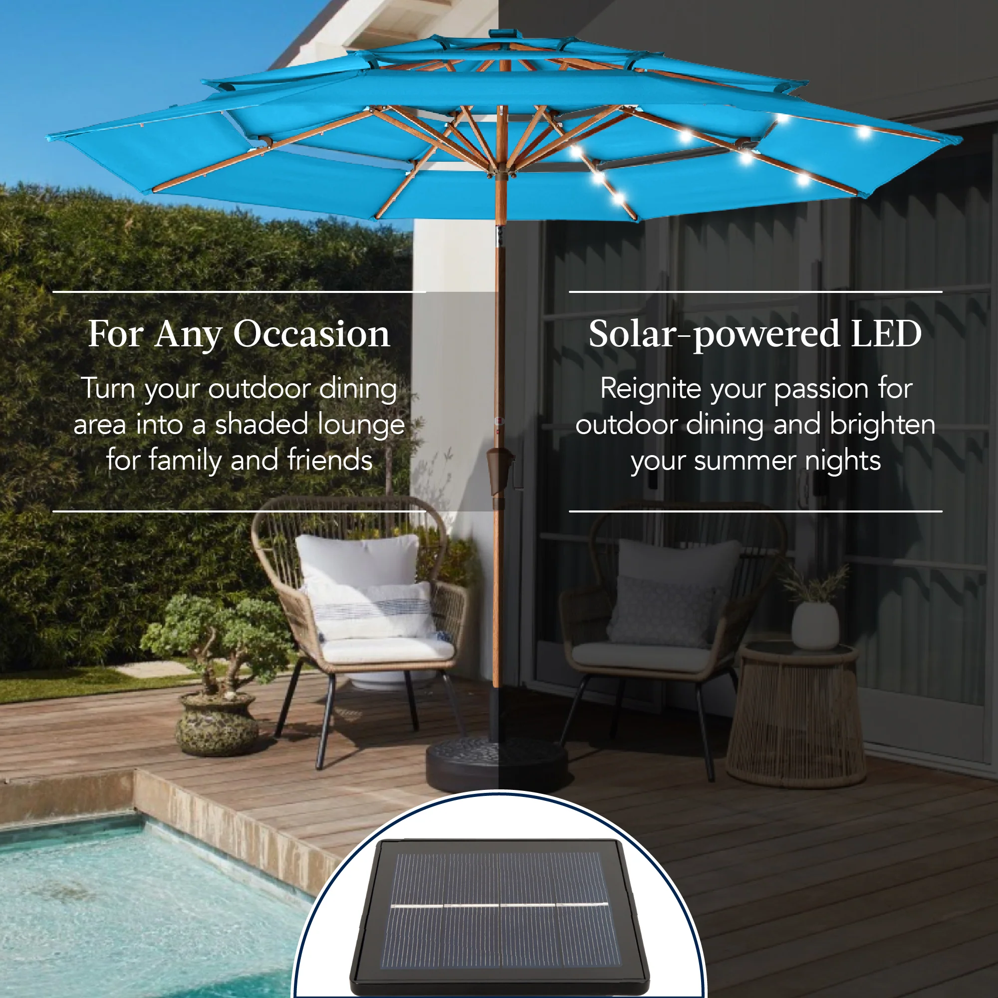3-Tier Woodgrain Pattern Solar Patio Umbrella, Tilt Adjustment - 10ft - Image 37