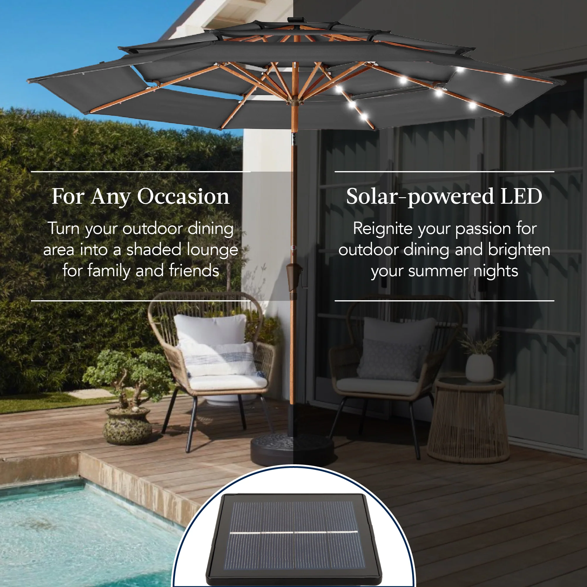 3-Tier Woodgrain Pattern Solar Patio Umbrella, Tilt Adjustment - 10ft - Image 5