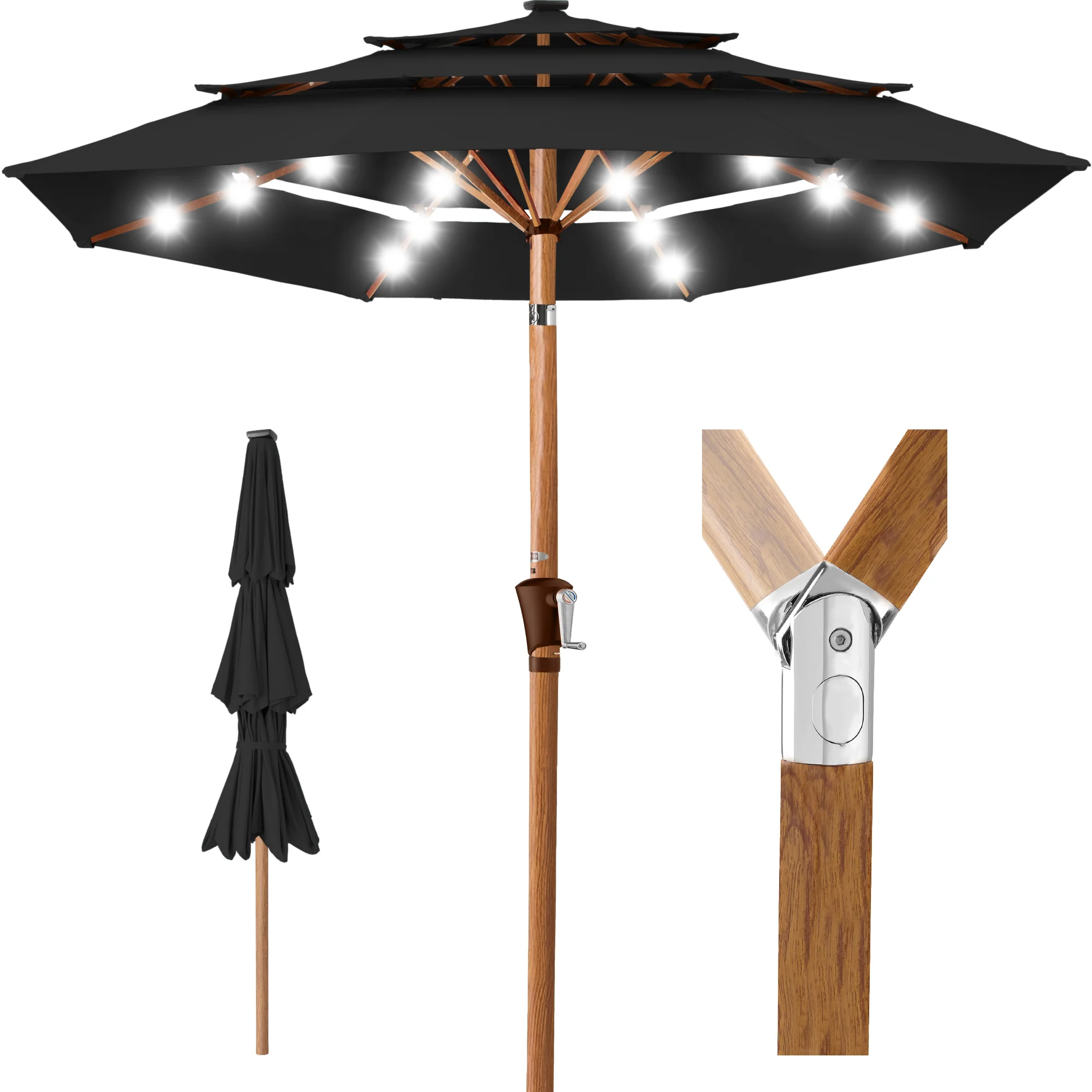 3-Tier Woodgrain Pattern Solar Patio Umbrella, Tilt Adjustment - 10ft - Image 73