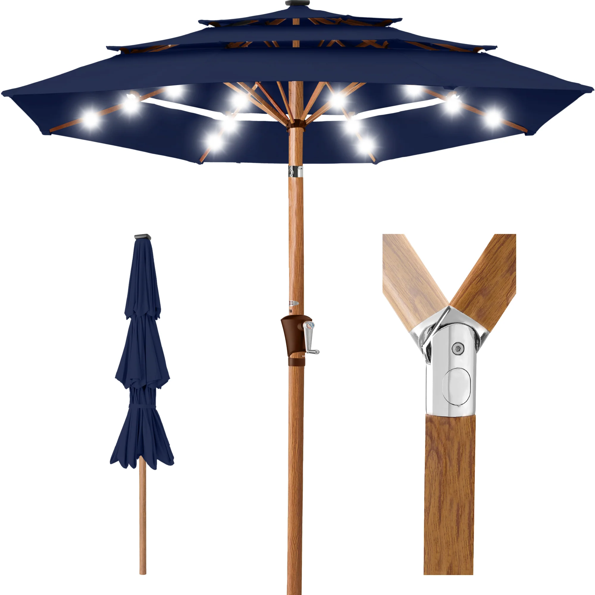 3-Tier Woodgrain Pattern Solar Patio Umbrella, Tilt Adjustment - 10ft - Image 89